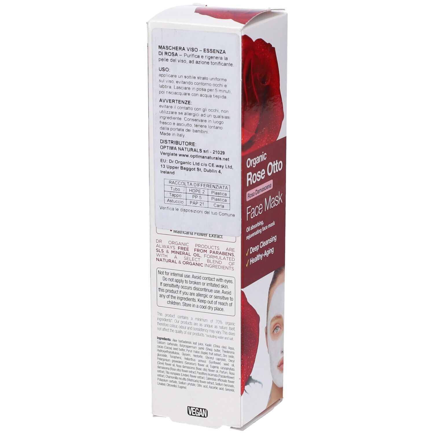Confezione in cartone con maschera per il viso. Scritta: Dr. Organic, Rose Otto, Face Mask. Retro con testo. Sigillo biologico.