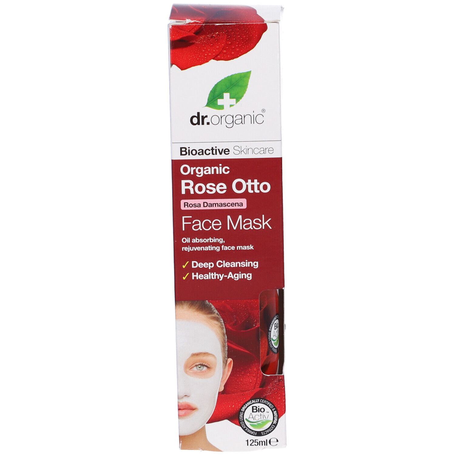 Confezione in cartone con maschera per il viso. Scritta: Dr. Organic, Rose Otto, Face Mask. Immagine di una rosa. Sigillo biologico.