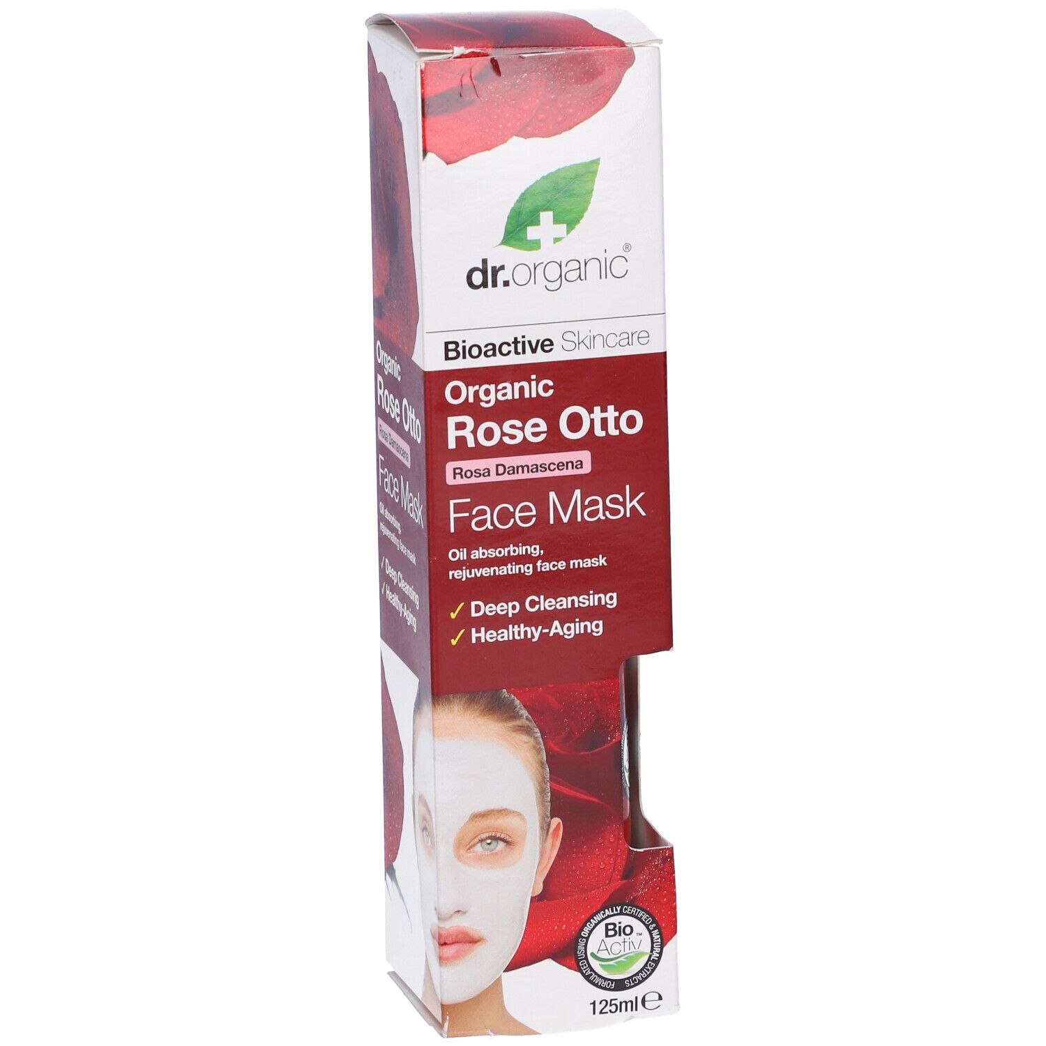 Confezione in cartone con maschera per il viso. Scritta: Dr. Organic, Rose Otto, Face Mask. Immagine di una rosa. Sigillo biologico.