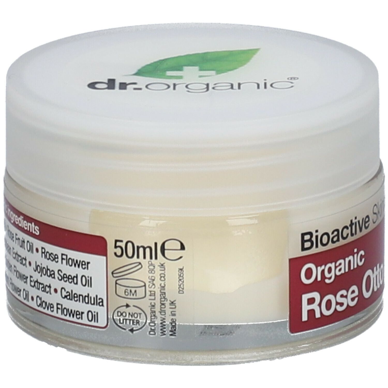 Vasetto di crema con coperchio. Scritta: Bioactive Skincare, Organic Rose Otto Night Cream. Marchio: Dr. Organic. 50ml.