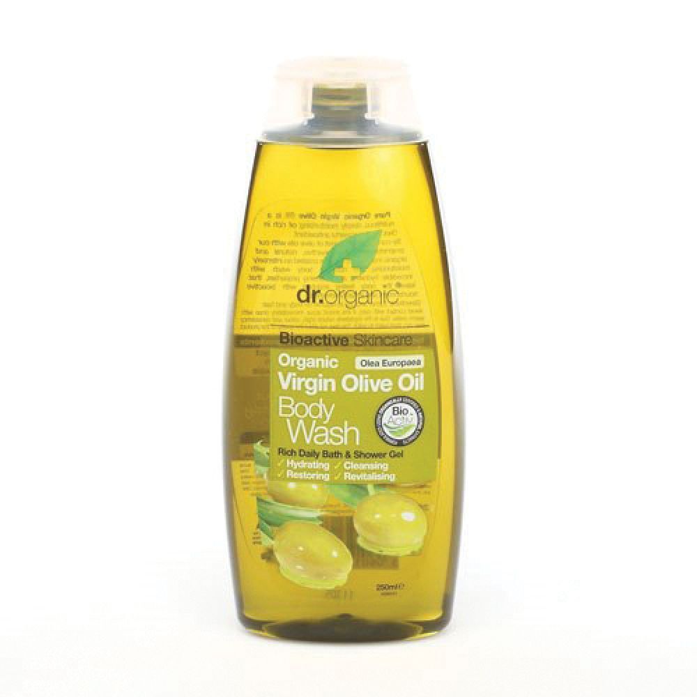 Bagnoschiuma all'olio d'oliva. Bottiglia con liquido giallo, tappo trasparente ed etichetta con informazioni e illustrazioni di olive.