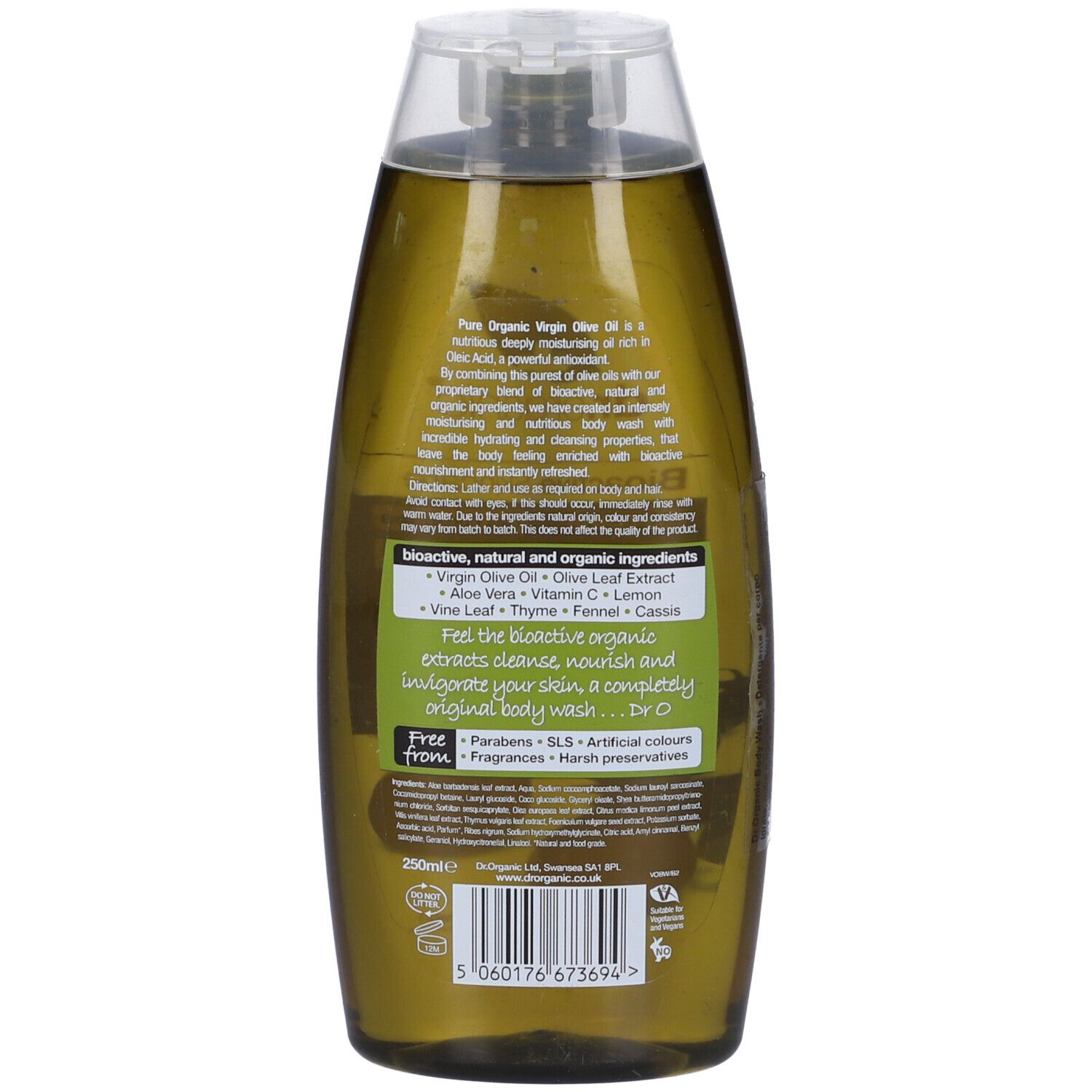 Retro della bottiglia di bagnoschiuma all'olio d'oliva. Etichetta con ingredienti, informazioni sul prodotto e certificazioni.