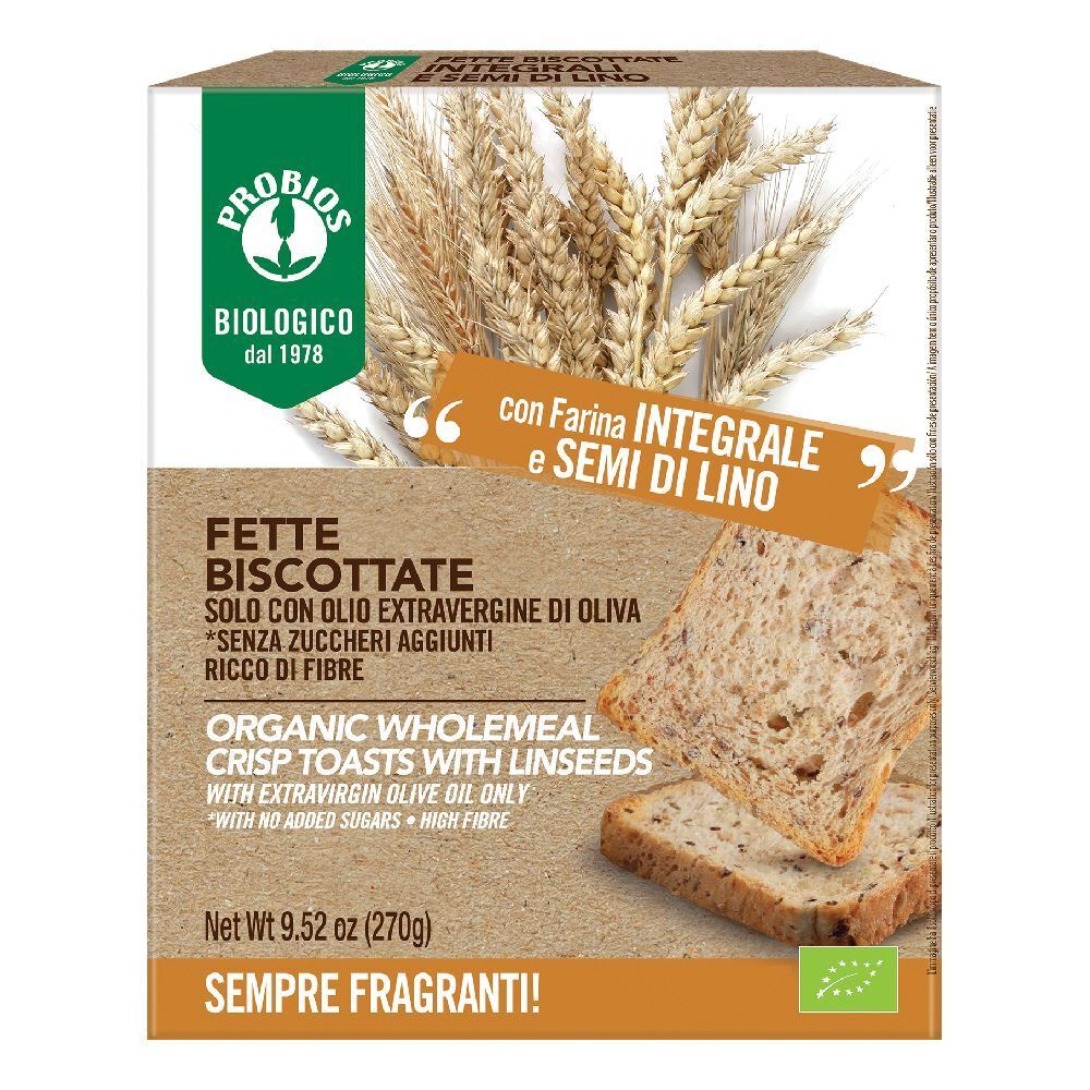 Confezione di Fette Biscottate Integrali Ai Semi Di Lino. Scritte: « Solo con olio extravergine di oliva », « senza zuccheri aggiunti ». Certificazione bio.