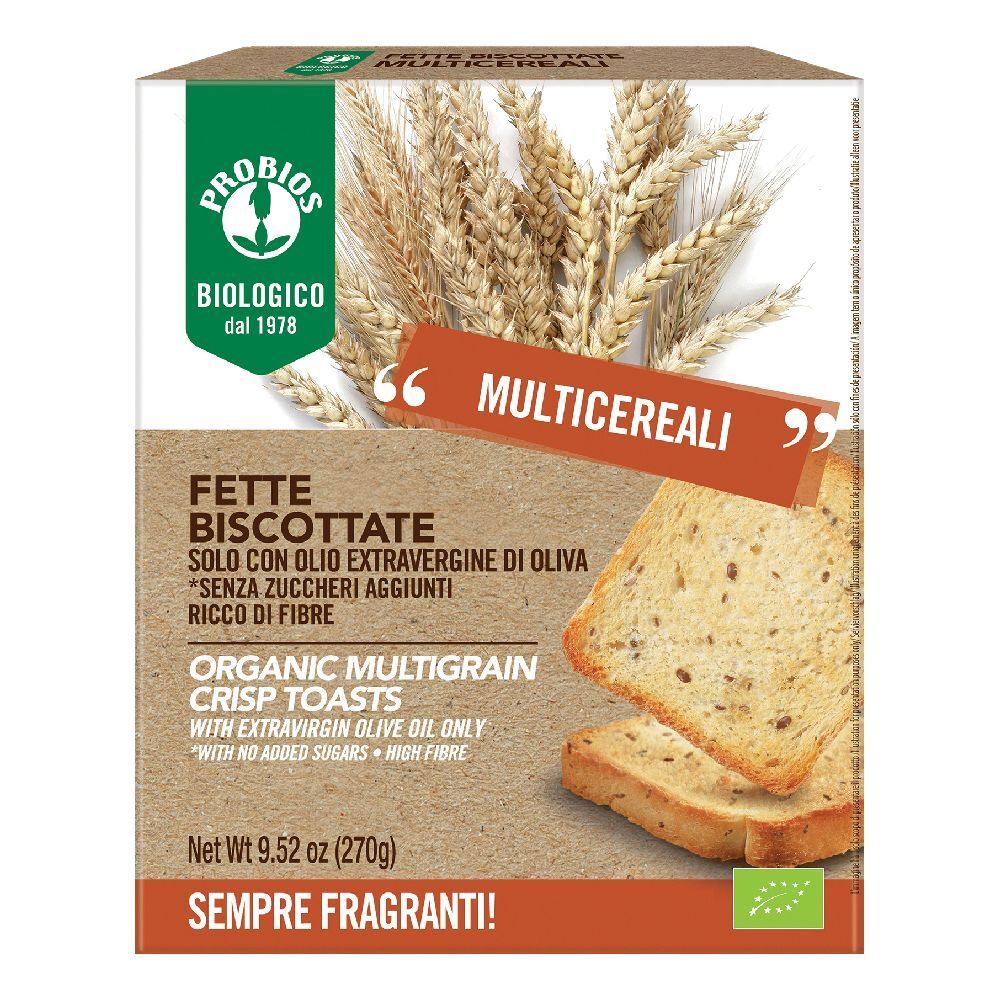 Confezione di 'Fette Biscottate Multicereali'. Contiene toast croccanti multigrano biologici. Con olio d'oliva e senza zuccheri aggiunti.