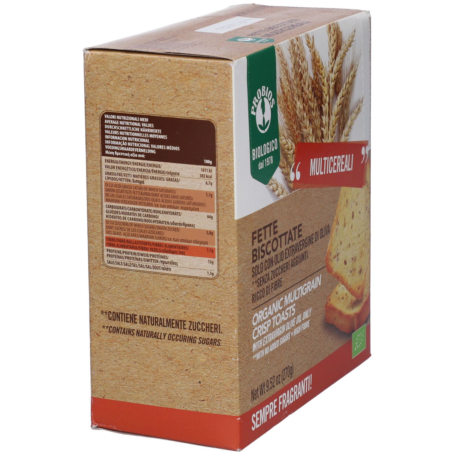 Vista obliqua della confezione. Scritte: 'Fette Biscottate', 'Multicereali', informazioni nutrizionali. Sigillo bio e testo multilingue.