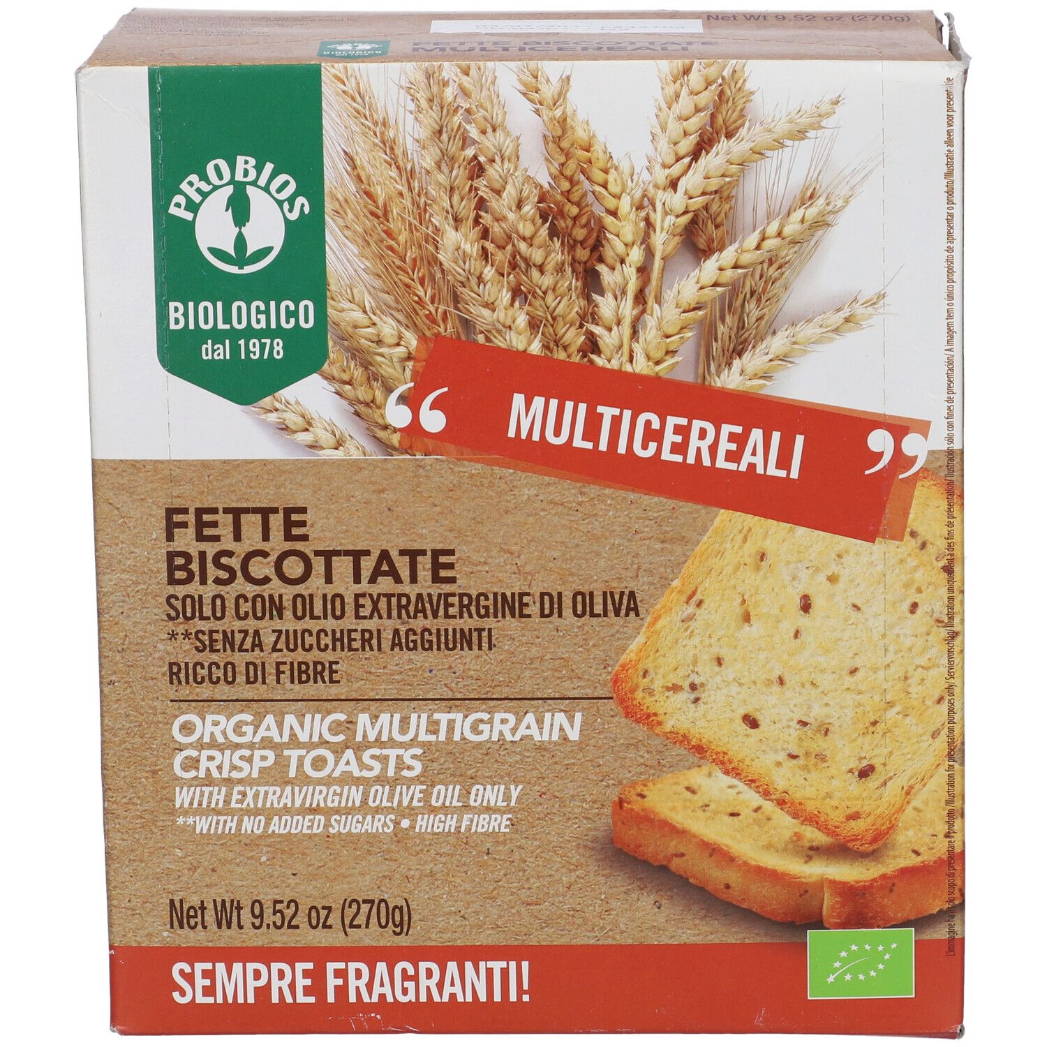 Confezione 'Fette Biscottate'. Contiene toast multigrano bio. Con olio d'oliva e senza zuccheri aggiunti. Sigillo bio.