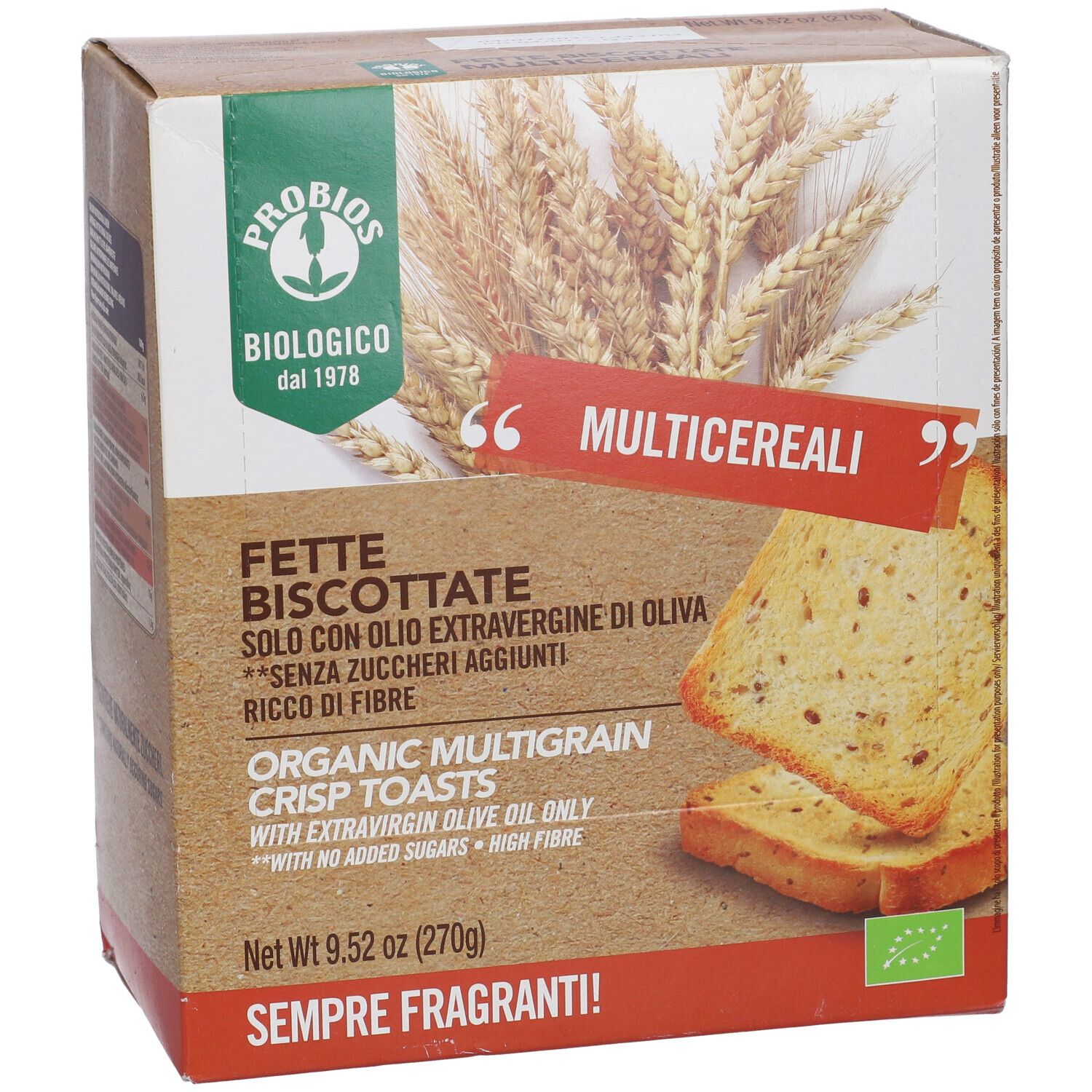 Confezione 'Fette Biscottate'. Contiene toast multigrano bio. Con olio d'oliva e senza zuccheri aggiunti. Sigillo bio.