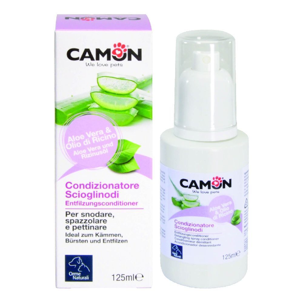 Flacone bianco con vaporizzatore e scatola. Scritto: CAMON, Aloe Vera & Olio di Ricino. 125ml. Per cani e gatti.