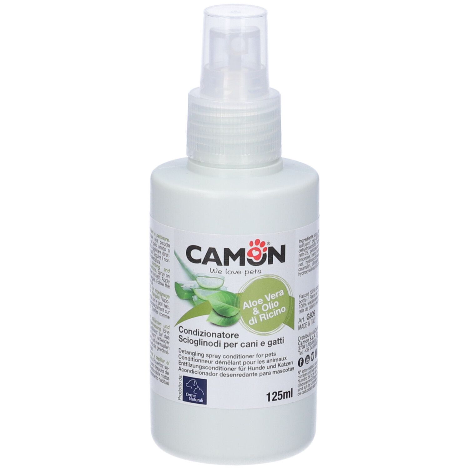 Flacone bianco con vaporizzatore. Scritto: CAMON, Aloe Vera & Olio di Ricino. 125ml. Per cani e gatti.