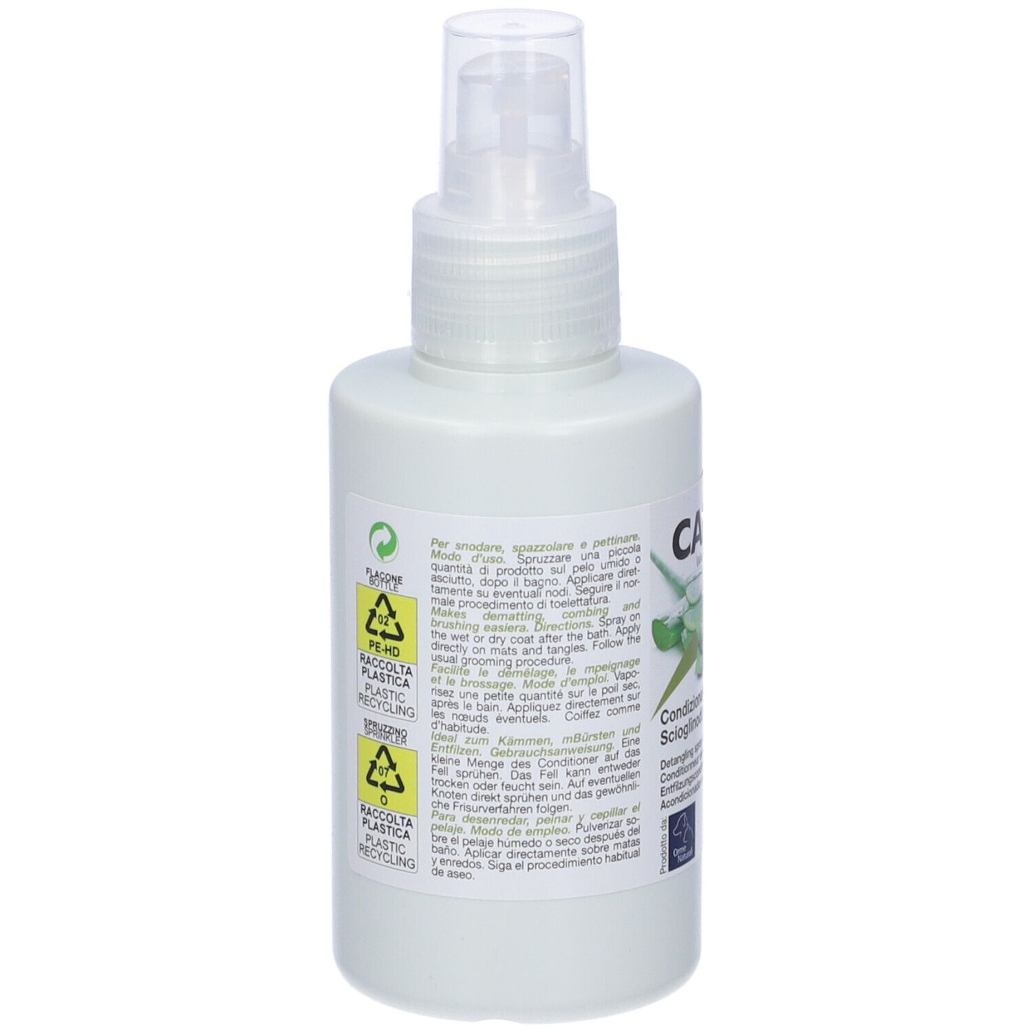 Flacone bianco con vaporizzatore. Scritto: CAMON, Aloe Vera & Olio di Ricino. 125ml. Per cani e gatti.