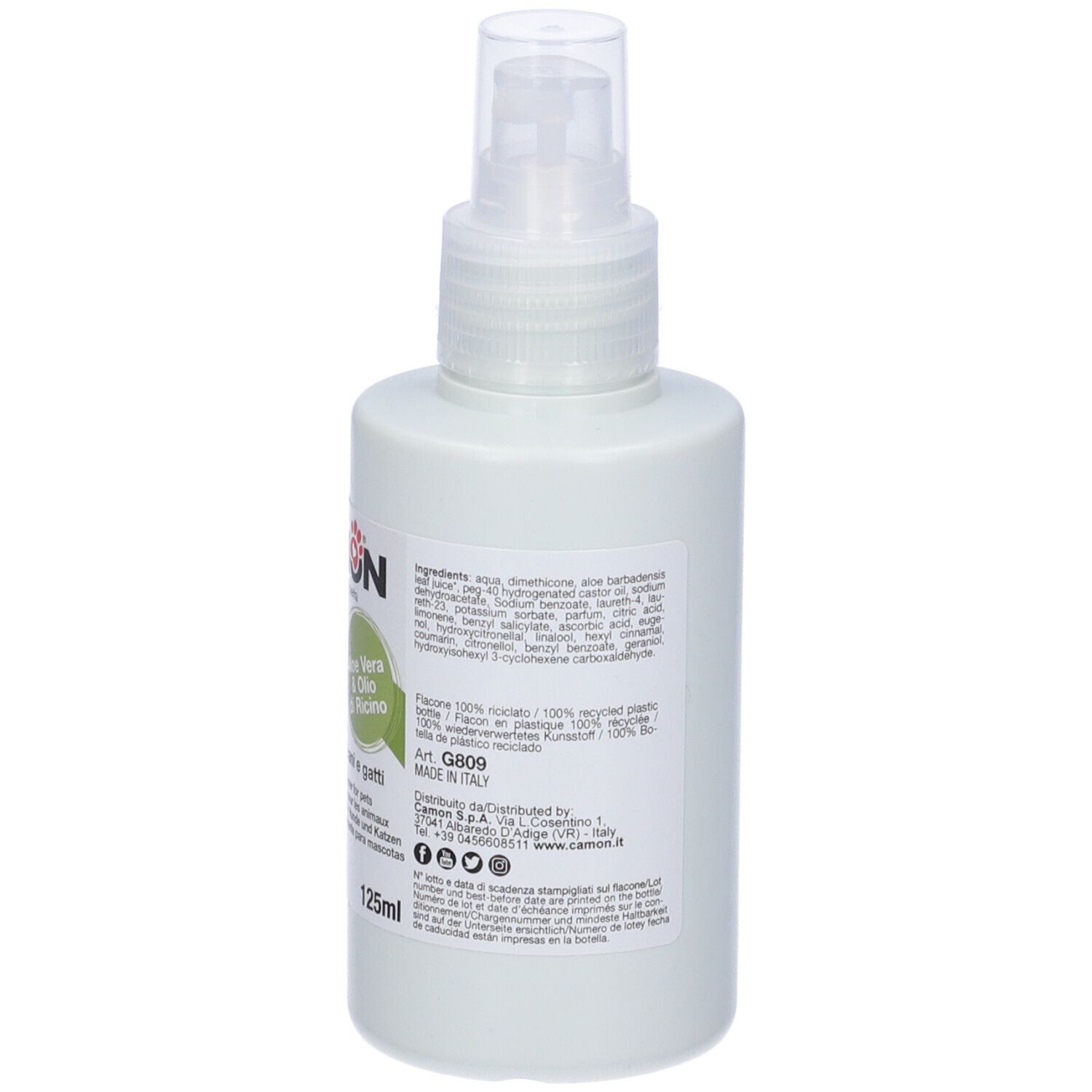 Flacone bianco con vaporizzatore. Scritto: CAMON, Aloe Vera & Olio di Ricino. 125ml. Per cani e gatti.