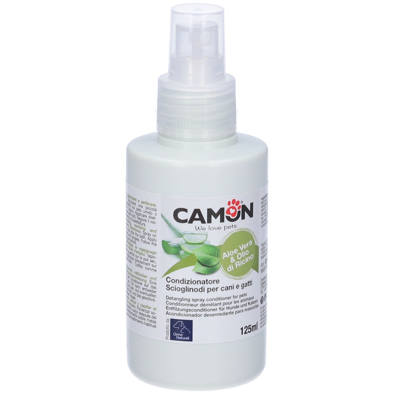 Flacone bianco con vaporizzatore. Scritto: CAMON, Aloe Vera & Olio di Ricino. 125ml. Per cani e gatti.