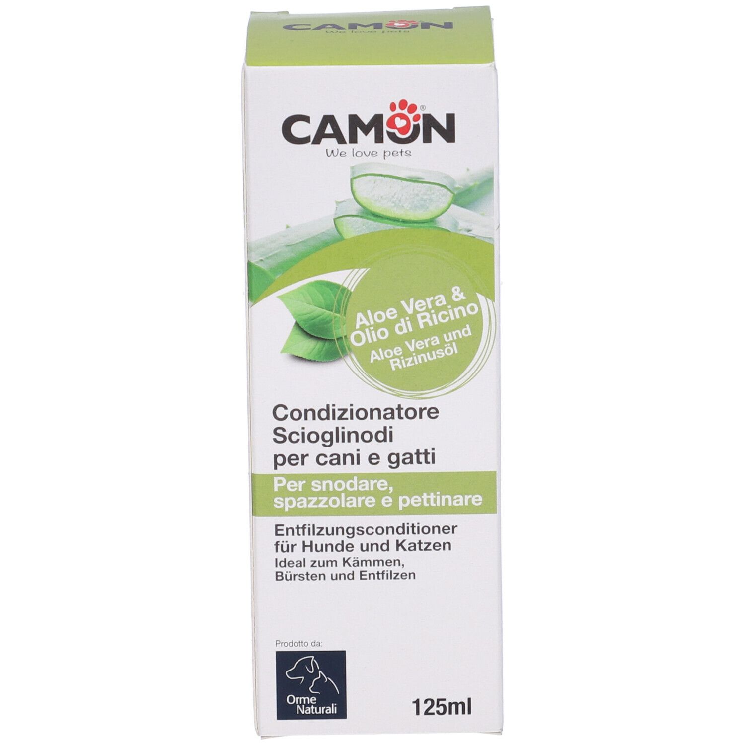 Scatola con scritto: CAMON, Aloe Vera & Olio di Ricino. 125ml. Per cani e gatti.