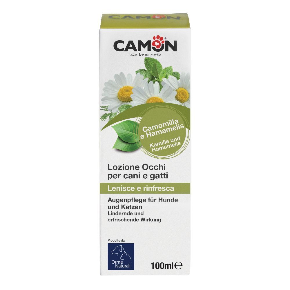 Scatola con stampa del prodotto. Scritta: CAMON, Camomilla & Hamamelis. Cura degli occhi per cani e gatti.