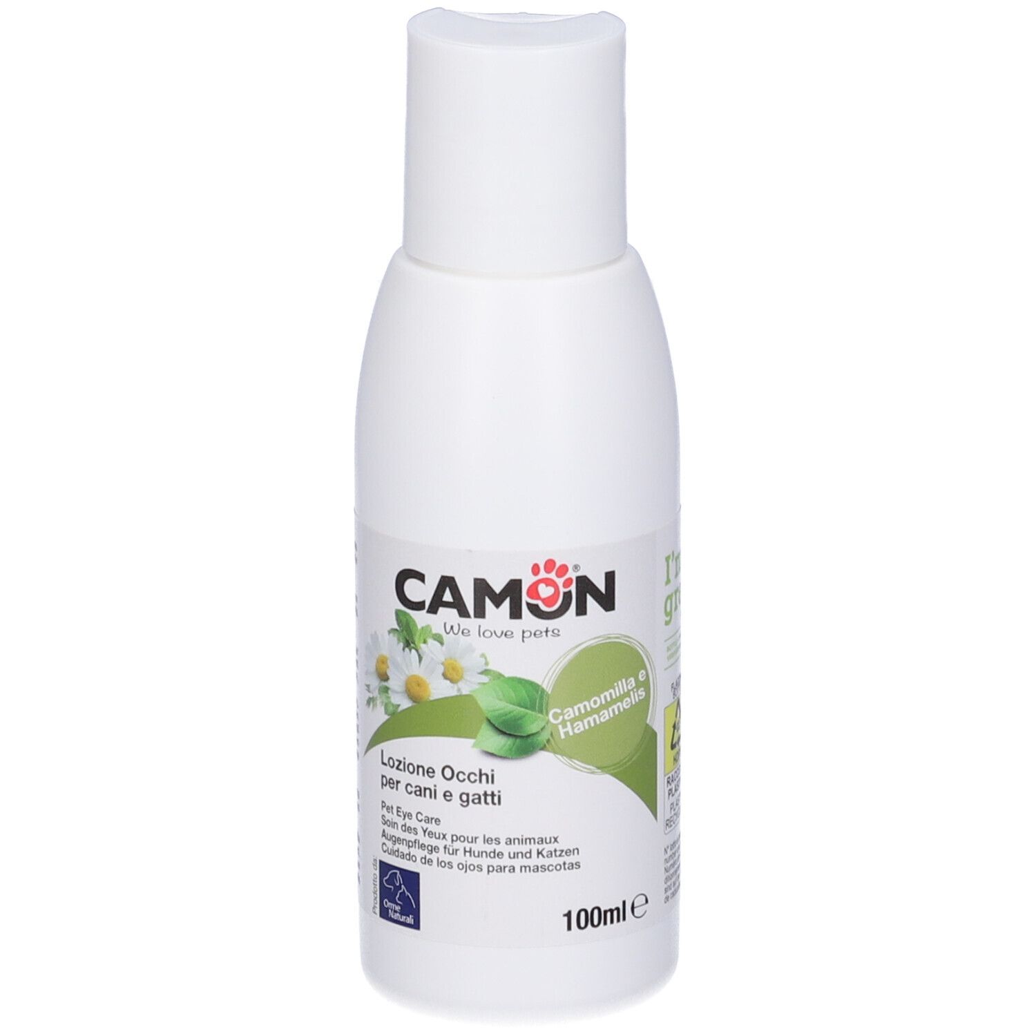 Flacone bianco con stampa del prodotto. Scritta: CAMON, Camomilla & Hamamelis. Cura degli occhi per animali.