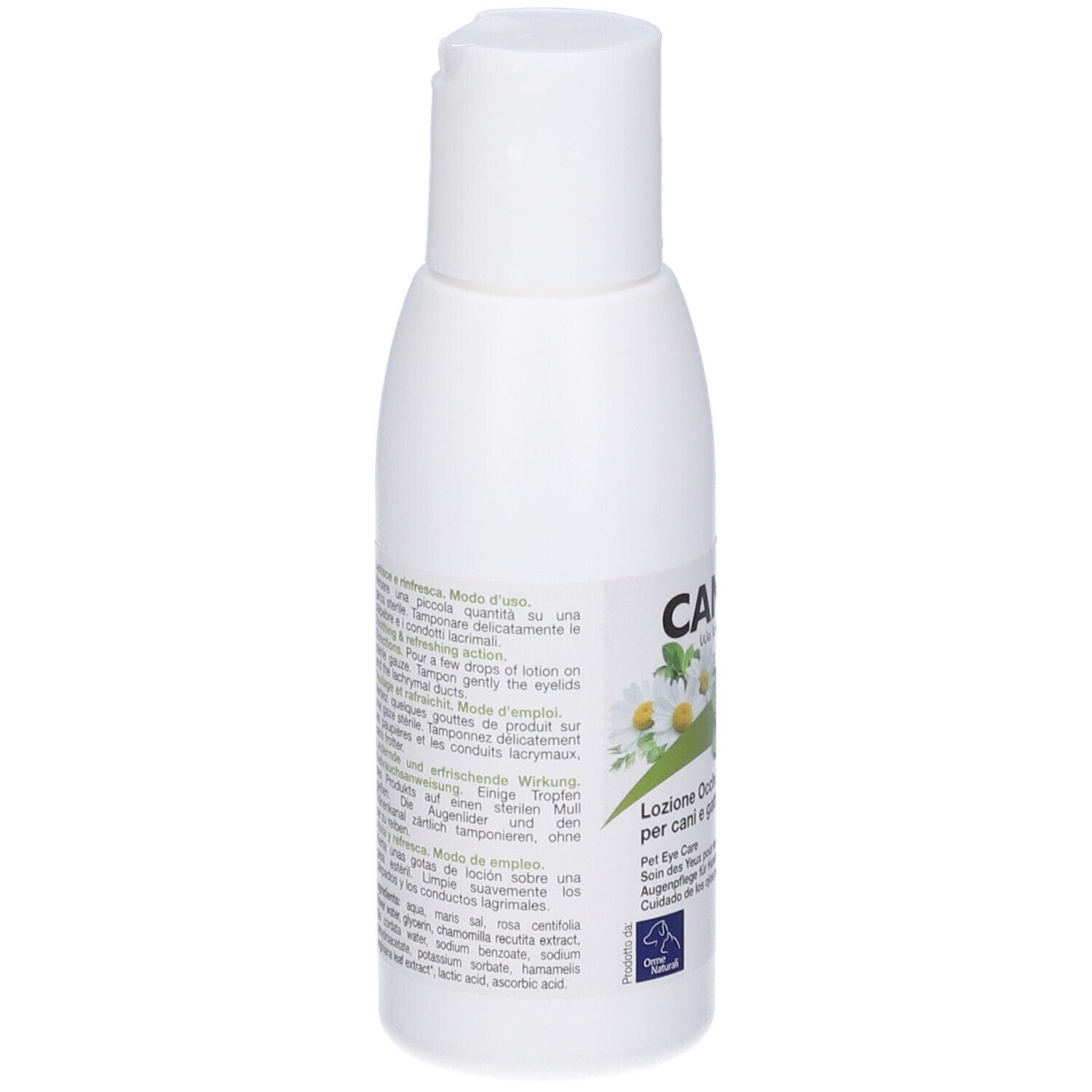 Flacone bianco con stampa del prodotto. Scritta: CAMON, Camomilla & Hamamelis. Retro con testo e ingredienti.