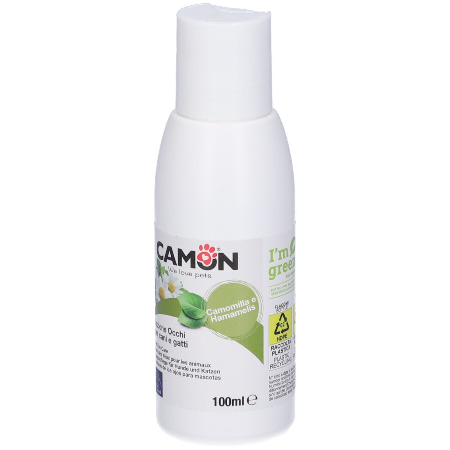 Flacone bianco con stampa del prodotto. Scritta: CAMON, Camomilla & Hamamelis. Retro con testo e ingredienti.