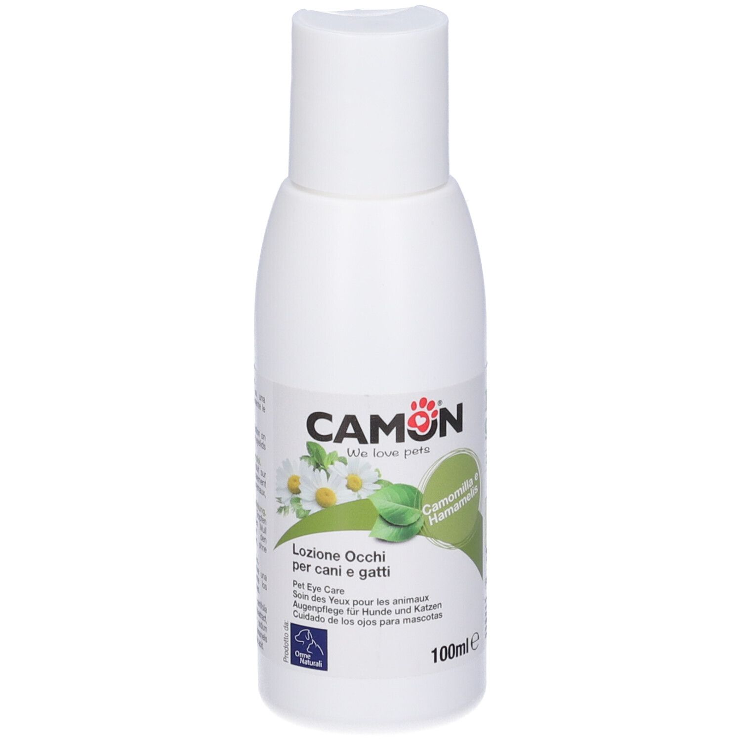 Flacone bianco con stampa del prodotto. Scritta: CAMON, Camomilla & Hamamelis. Retro con testo e ingredienti.