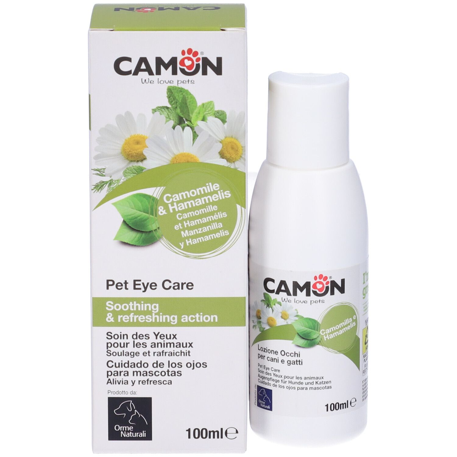 Confezione e flacone del prodotto. Scritta: CAMON, Camomilla & Hamamelis. Cura degli occhi per cani e gatti.