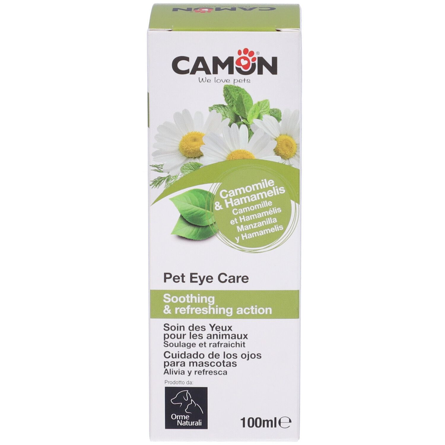 Confezione del prodotto. Scritta: CAMON, Camomilla & Hamamelis. Cura degli occhi per cani e gatti.