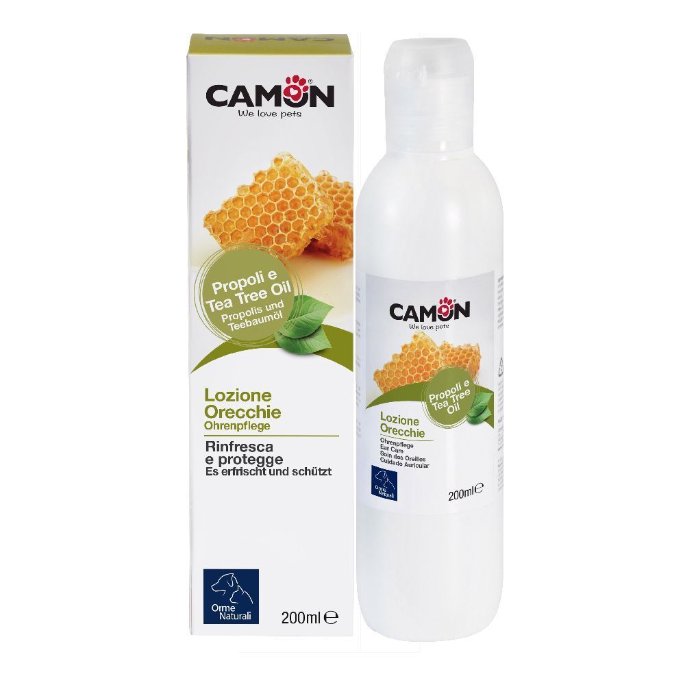 Flacone e scatola bianchi. Scritto: CAMON, Lozione Orecchie. Contiene Propoli e Tea Tree Oil. 200ml.