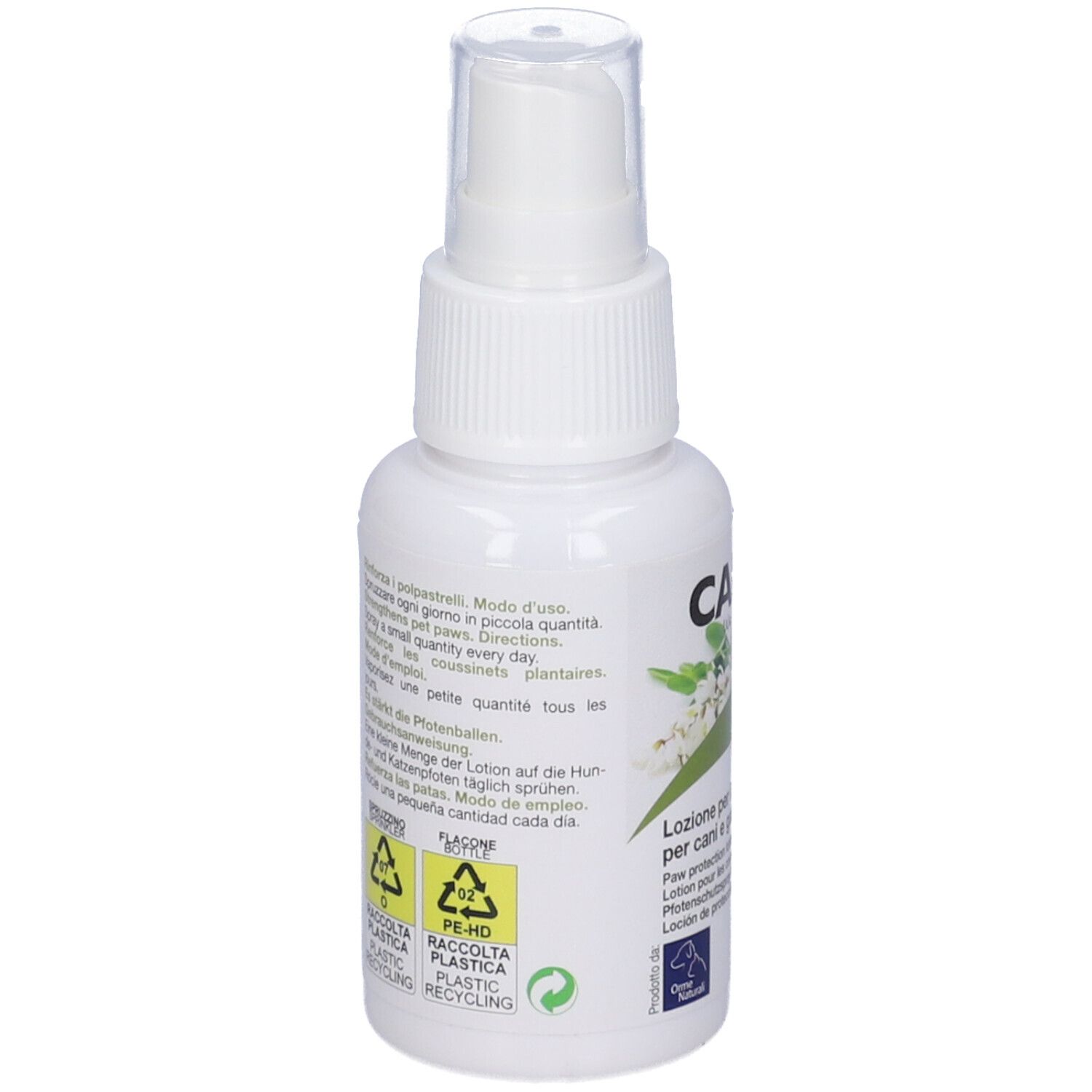 Flacone spray bianco con testo. Scritto: CAMON, Glicerina e Allantoina. Simboli di riciclaggio.