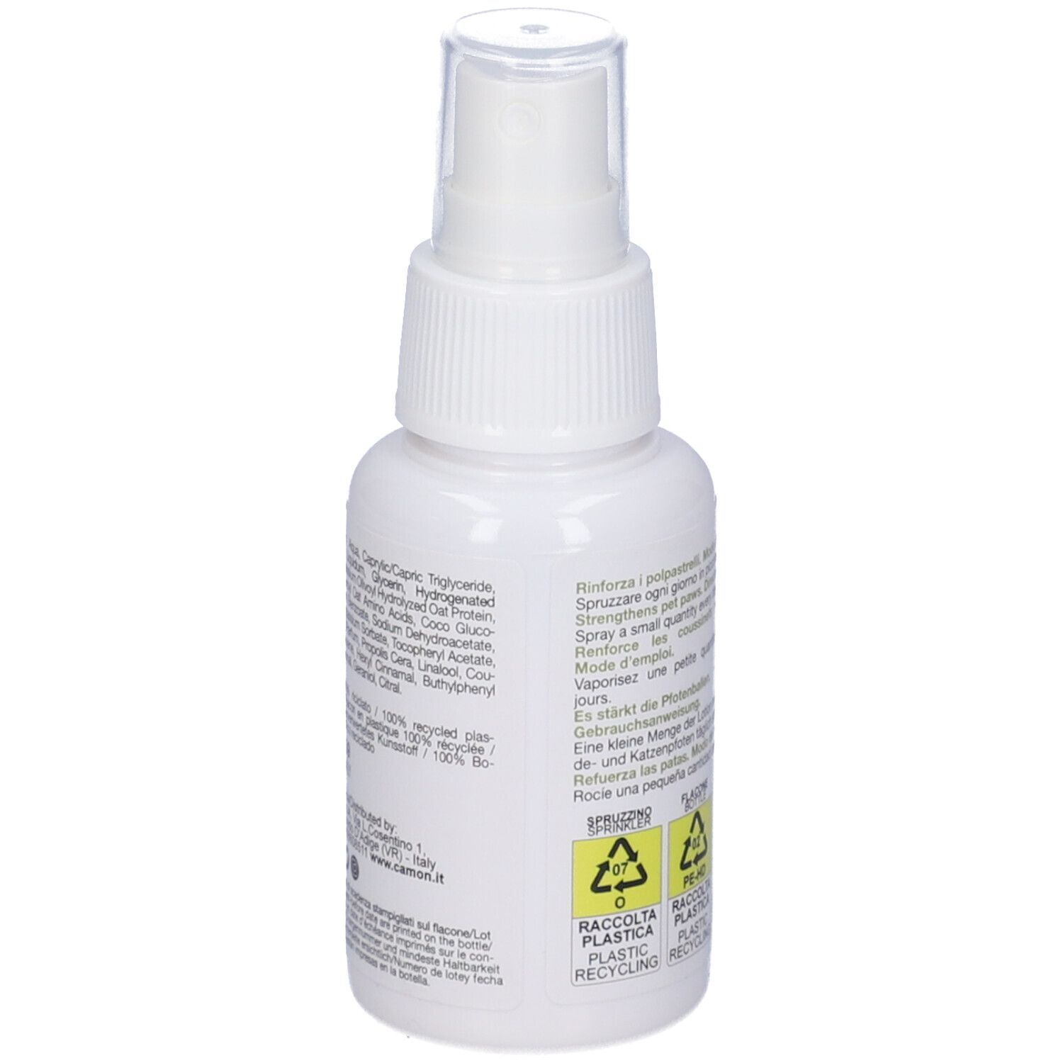 Flacone spray bianco con testo. Scritto: CAMON, Glicerina e Allantoina. Simboli di riciclaggio.
