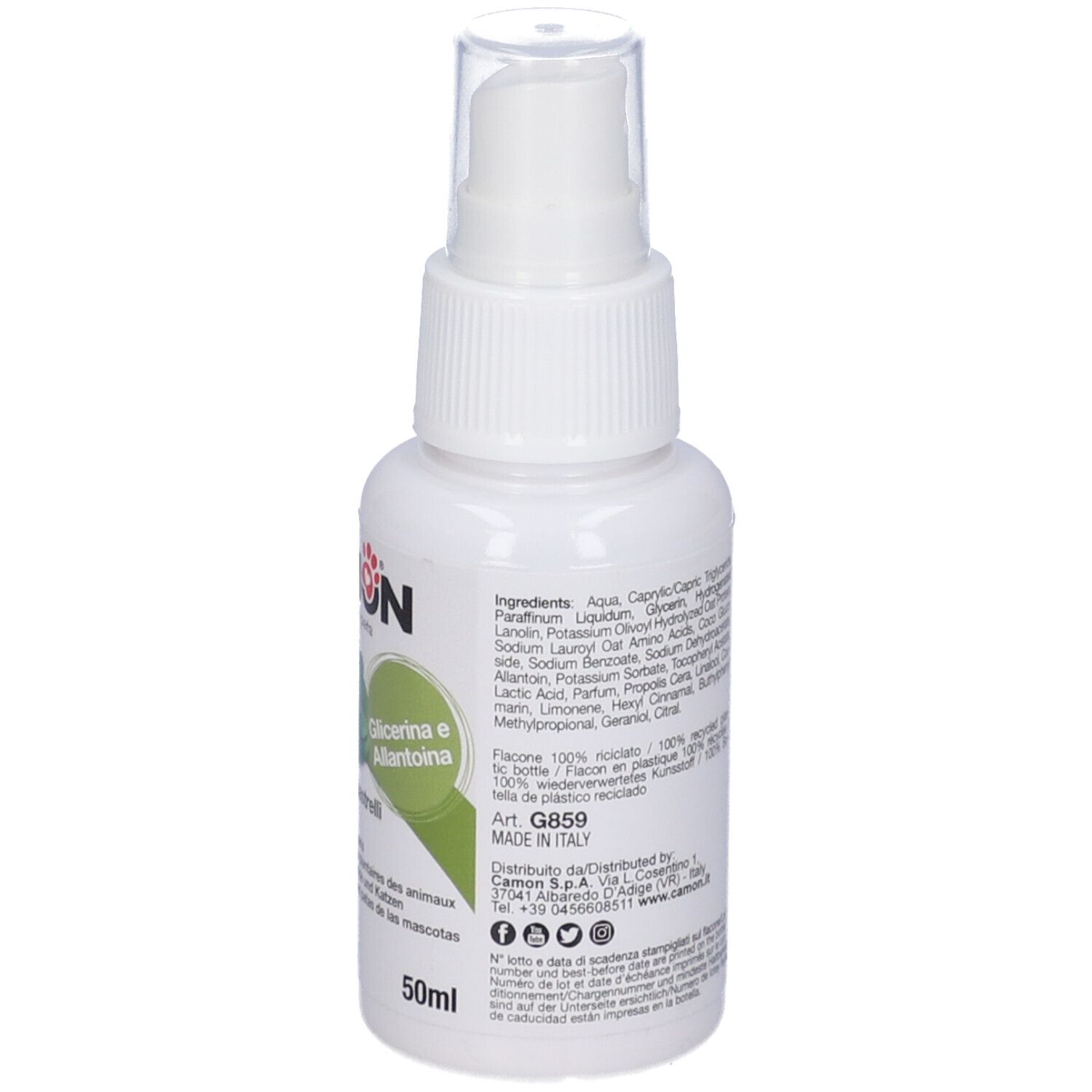 Flacone spray bianco con testo. Scritto: CAMON, Glicerina e Allantoina. Prodotto in Italia. 50ml.
