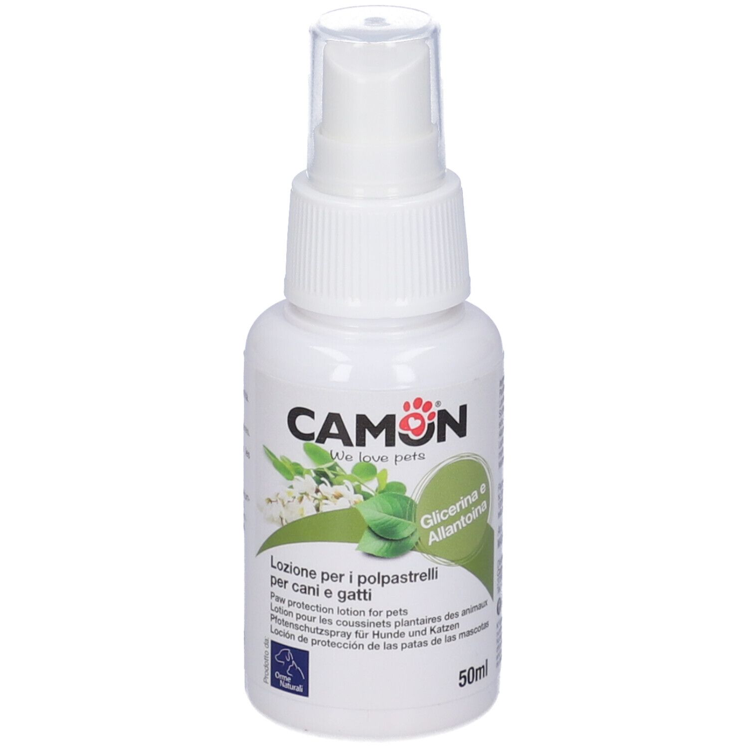 Flacone spray bianco con testo. Scritto: CAMON, Glicerina e Allantoina. 50ml.