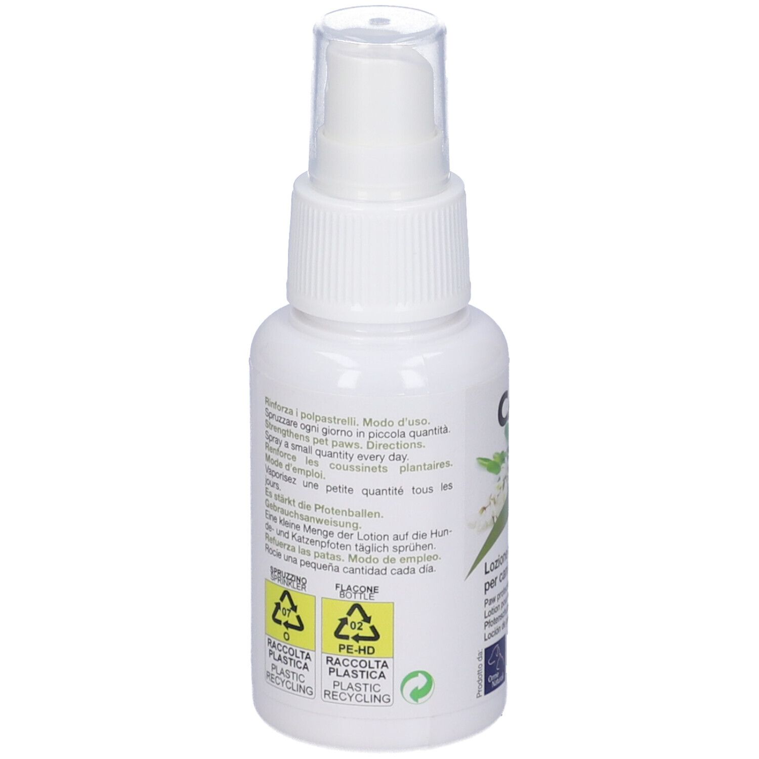 Flacone spray bianco con testo. Scritto: CAMON, Glicerina e Allantoina. Simboli di riciclaggio.
