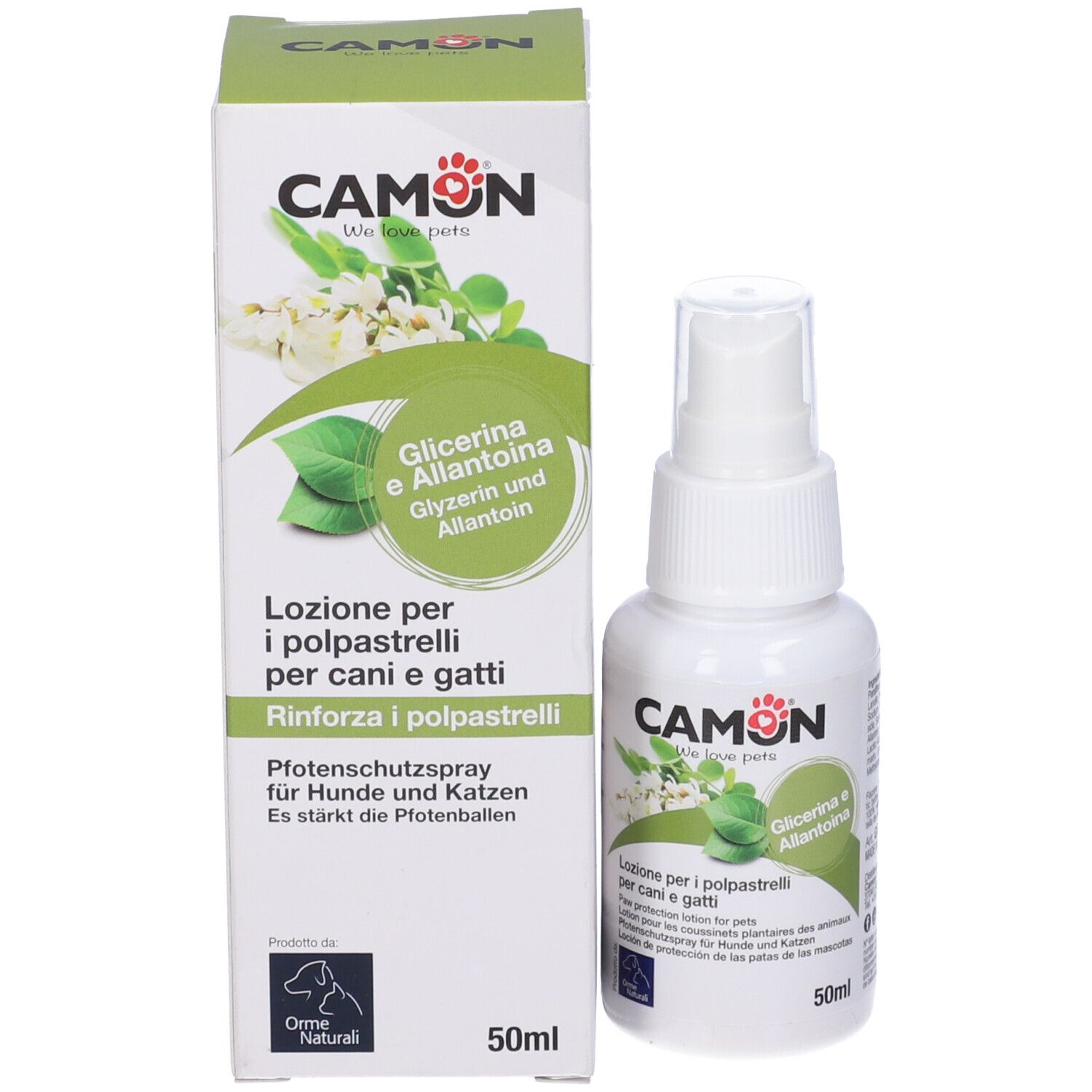 Confezione del prodotto e flacone spray. Scritto: CAMON, Glicerina e Allantoina. 50ml.