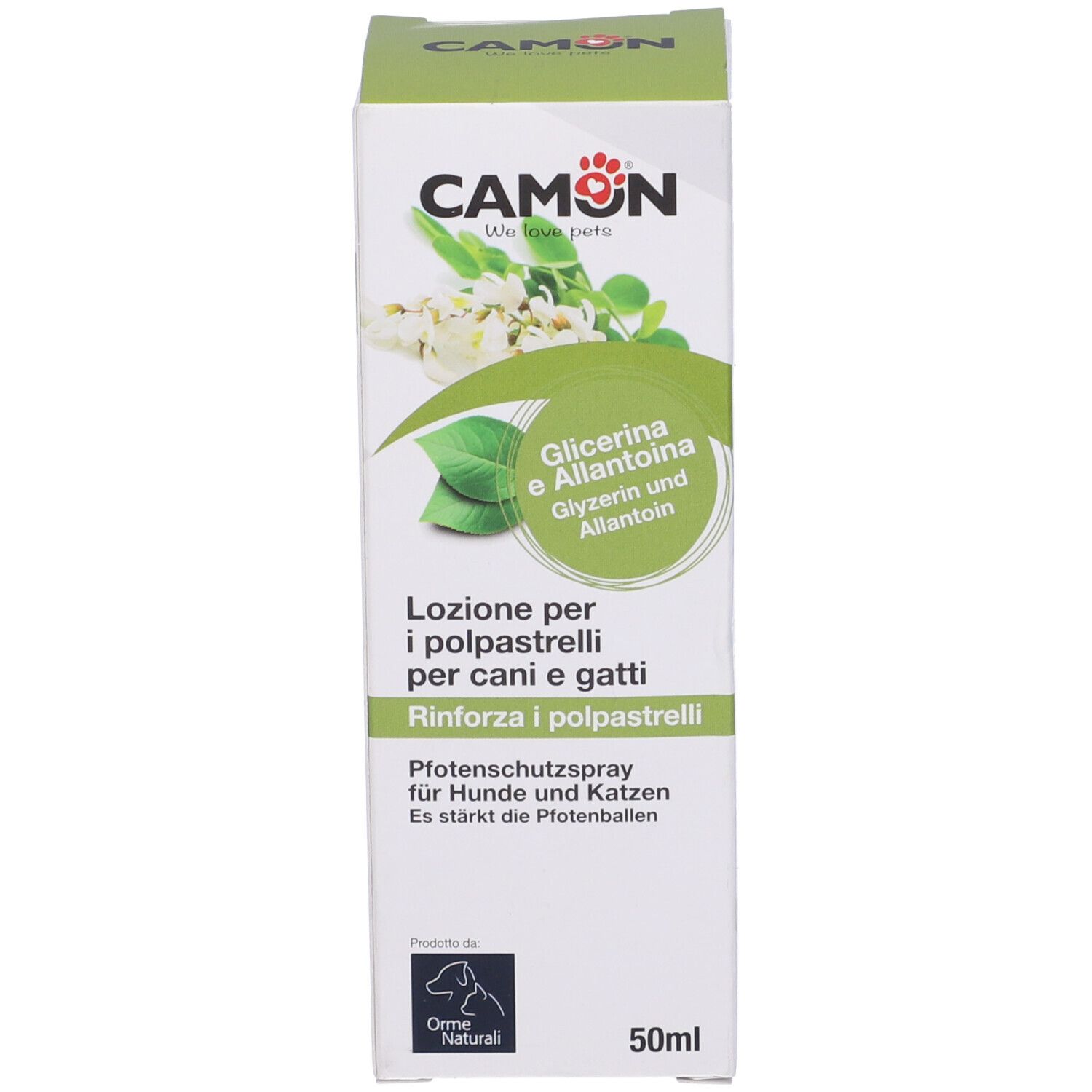 Confezione del prodotto. Scritto: CAMON, Glicerina e Allantoina. 50ml.