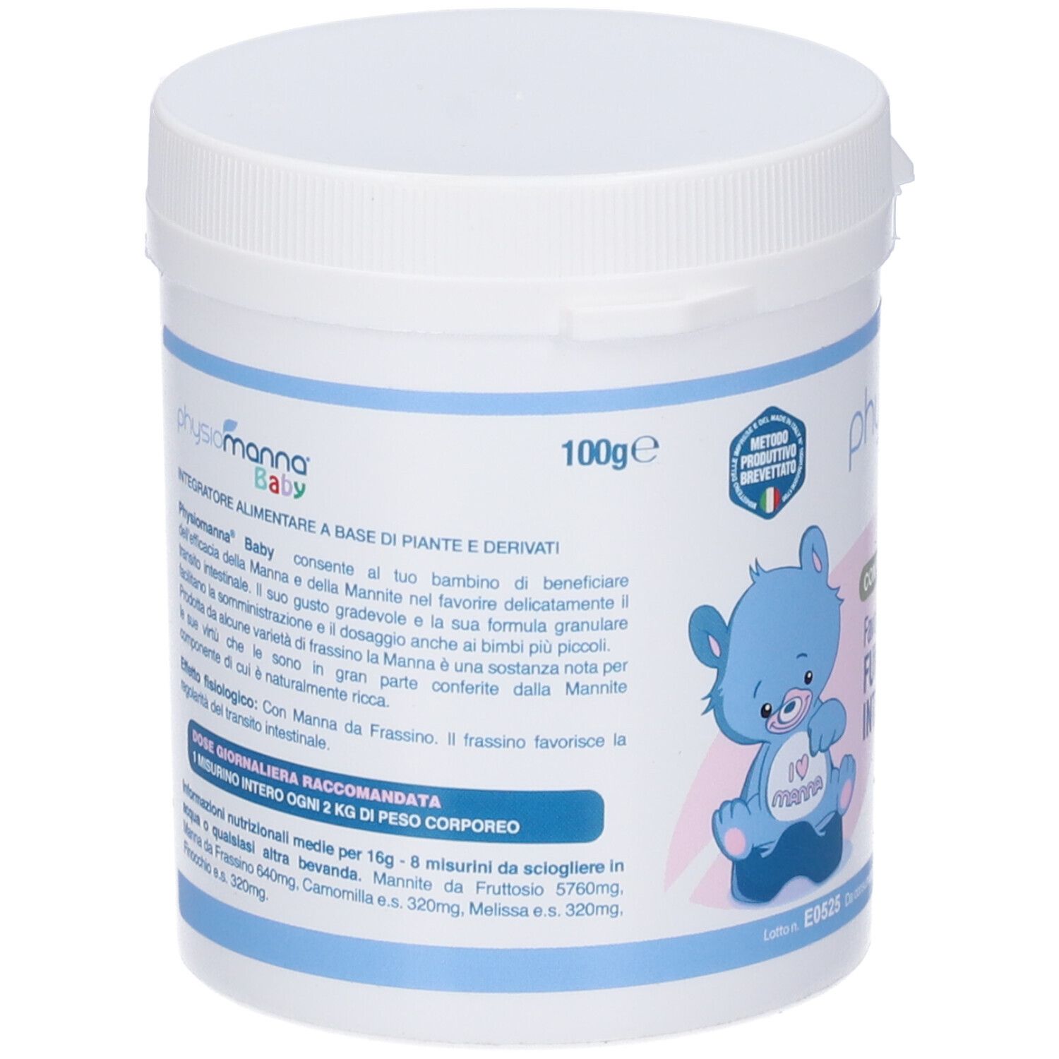 Weißer Behälter mit blauem und rosa Etikett. Text: Physiomanna Baby. Text über Inhaltsstoffe und Dosierung. 100g.