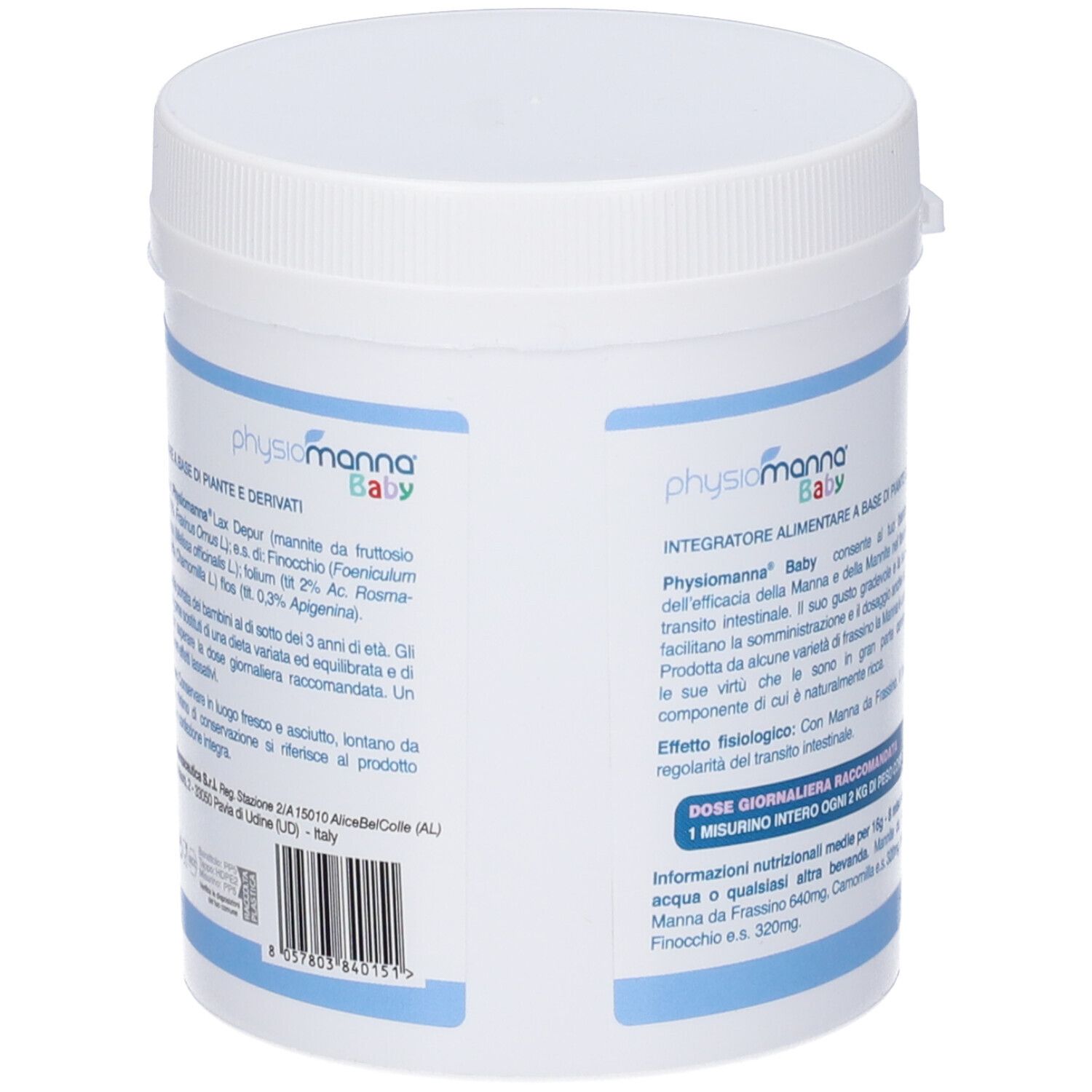 Weißer Behälter mit blauem Etikett. Text: Physiomanna Baby. Text über Inhaltsstoffe und Anwendung. Barcode.