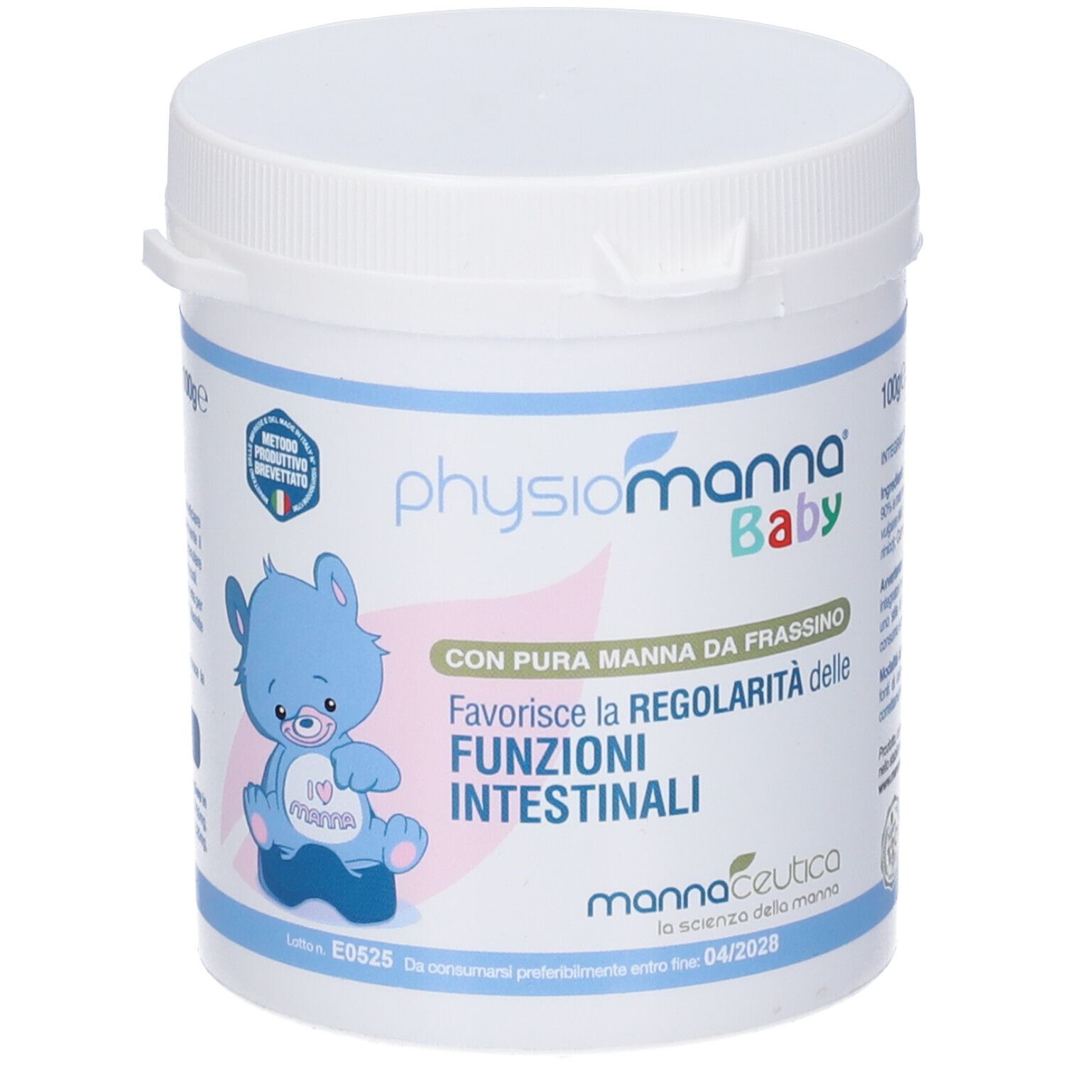 Weißer Behälter mit blauem und rosa Etikett. Aufschrift: Physiomanna Baby. Abbildung eines Bären. 100g.