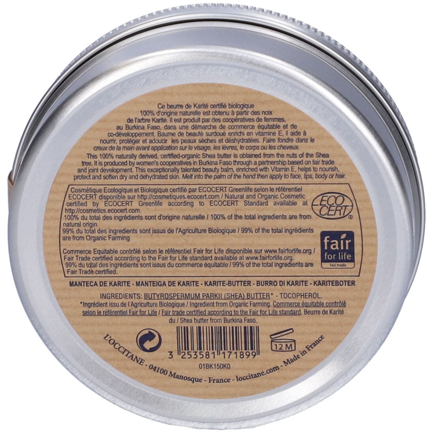 Fondo del contenitore rotondo con testo. Logo "ECOCERT" e logo "fair for life". Testo in più lingue, tra cui "MANTECA DE KARITE".