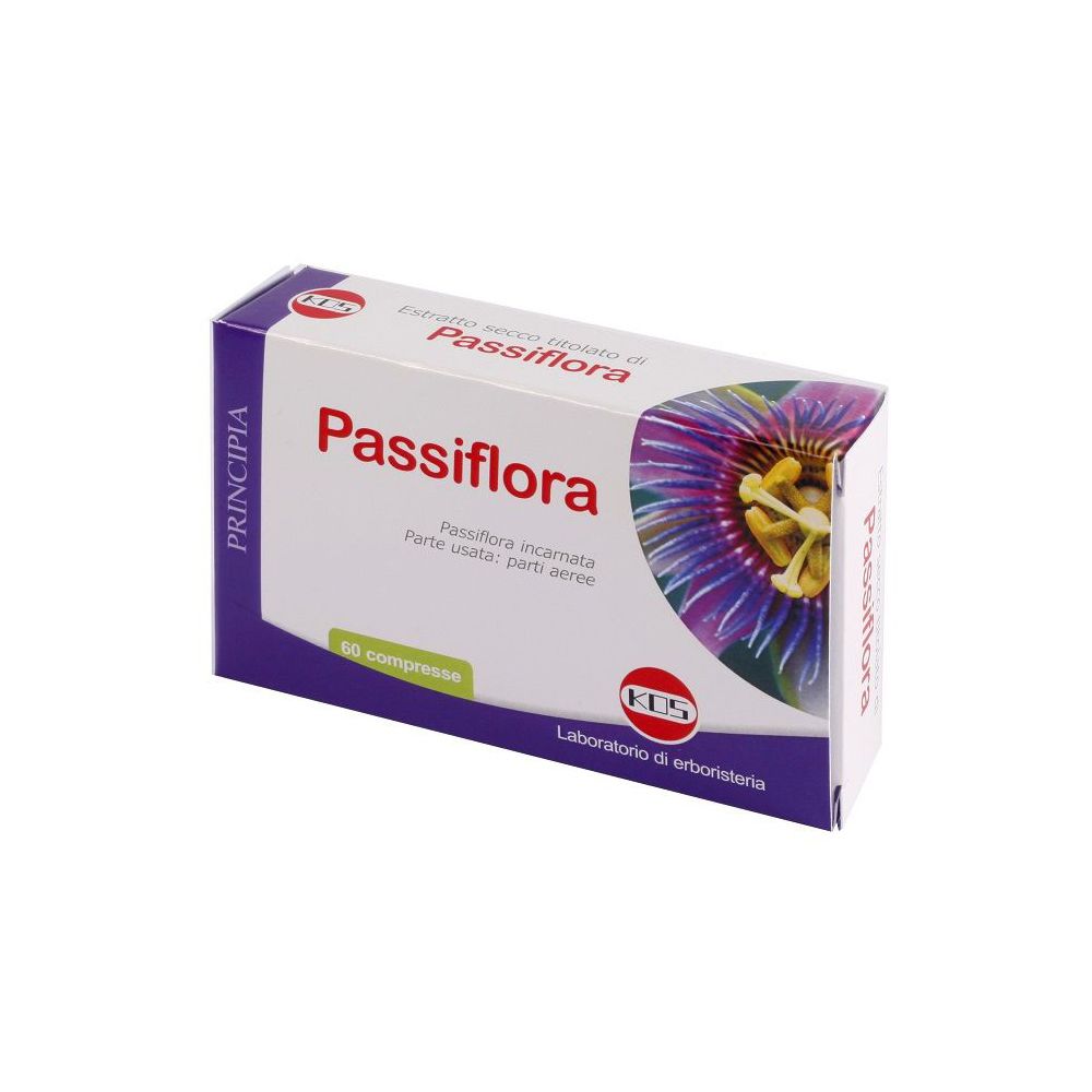 Scatola di Passiflora Compresse. Bianca, viola e blu. Testo: Passiflora, 60 compresse, logo KOS.