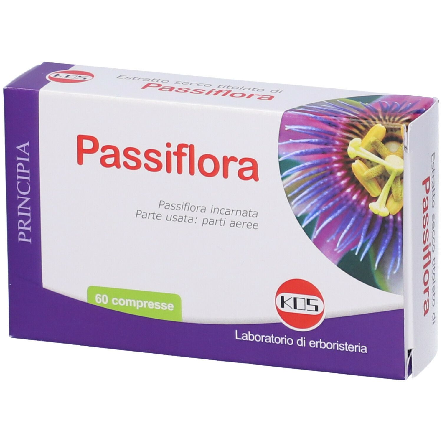 Scatola di Passiflora Compresse. Bianca, viola e blu. Testo: Passiflora, 60 compresse, logo KOS.