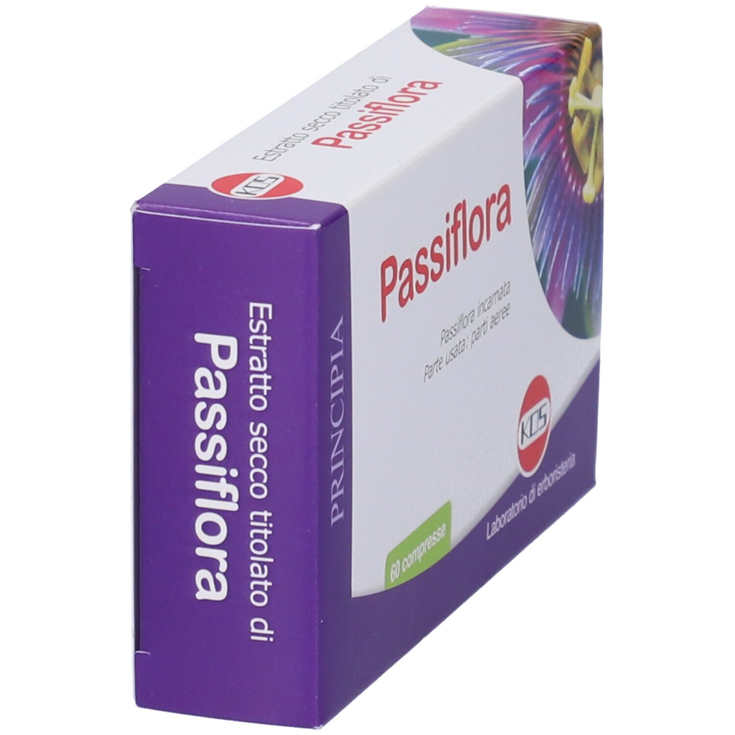 Scatola di Passiflora Compresse. Bianca, viola e blu. Testo: Passiflora, 60 compresse, logo KOS.