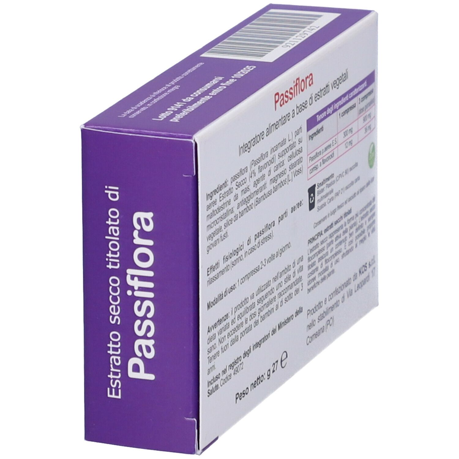 Vista obliqua della confezione di Passiflora Compresse. Testo: Passiflora, ingredienti, peso 27g, logo KOS.