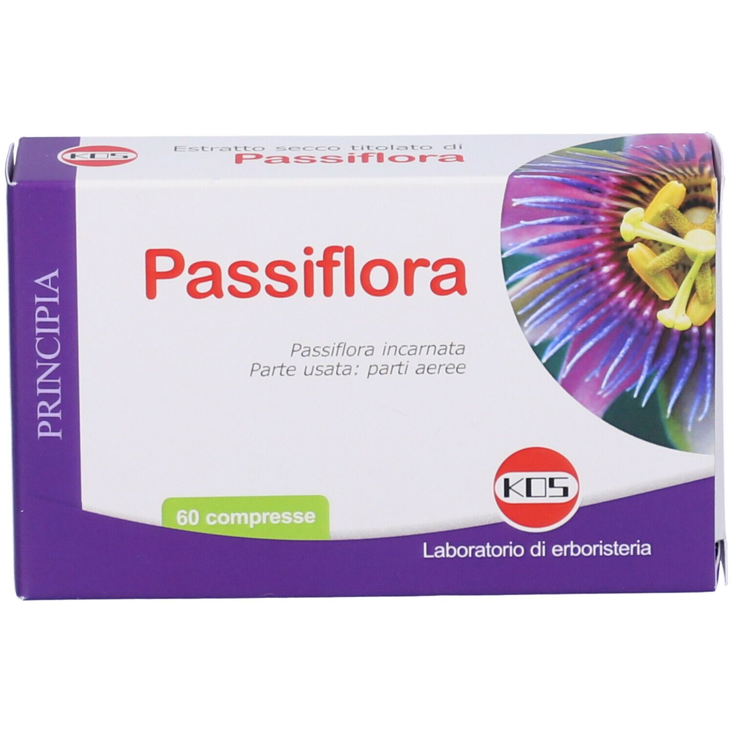 Scatola di Passiflora Compresse. Bianca, viola e blu. Testo: Passiflora, 60 compresse, logo KOS.