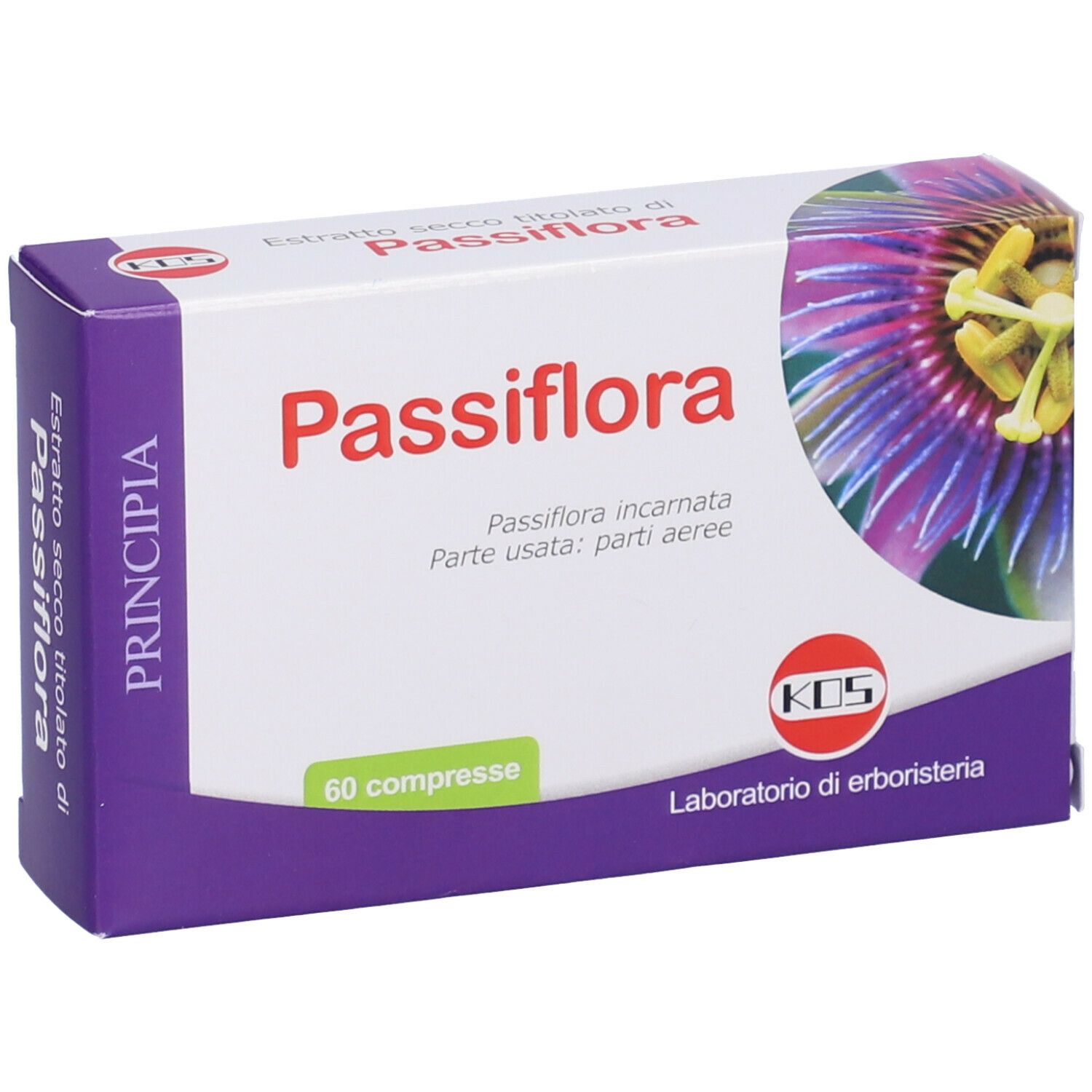 Scatola di Passiflora Compresse. Bianca, viola e blu. Testo: Passiflora, 60 compresse, logo KOS.