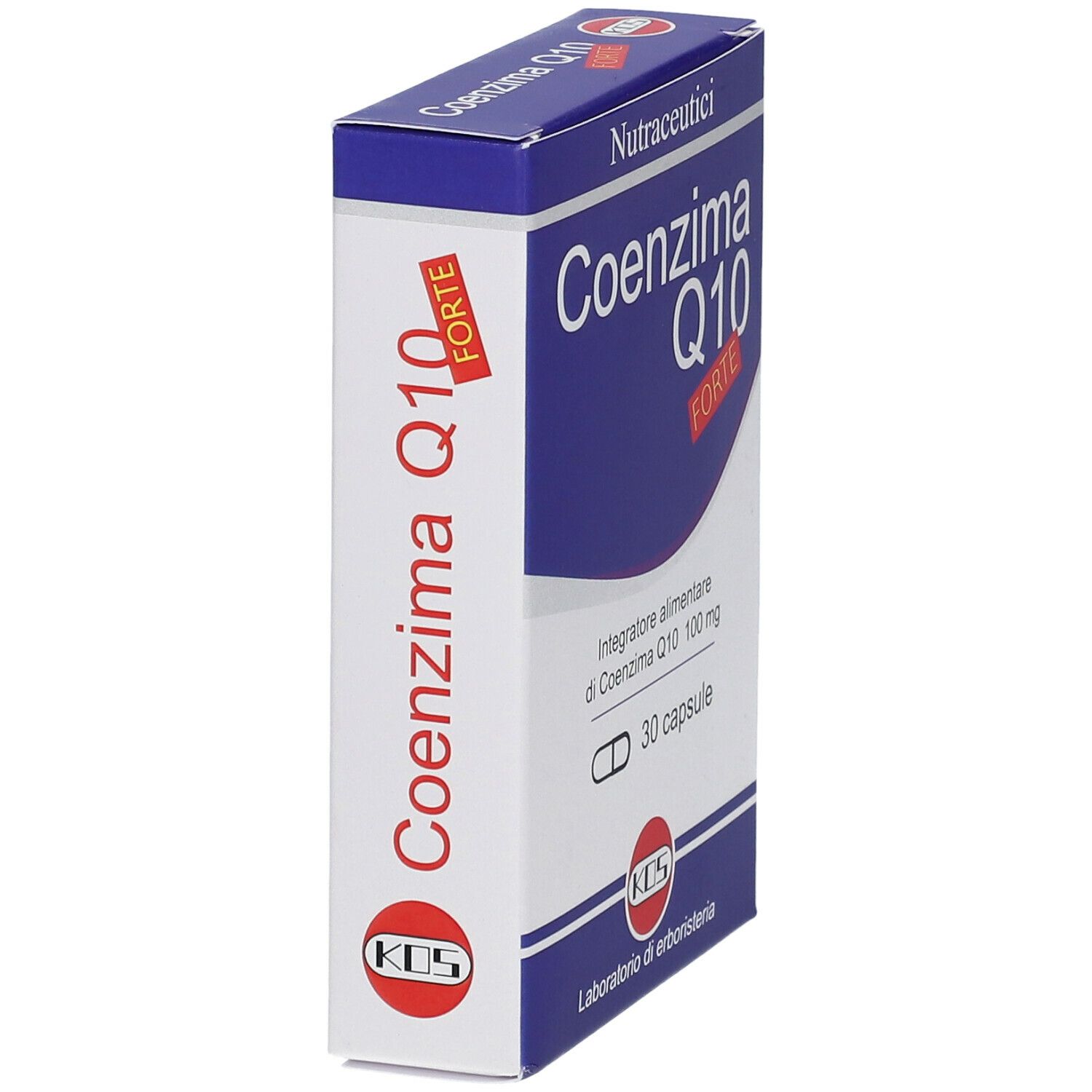 Scatola KOS Coenzima Q10 FORTE in prospettiva. Confezione blu e bianca con nome e logo. 30 capsule.