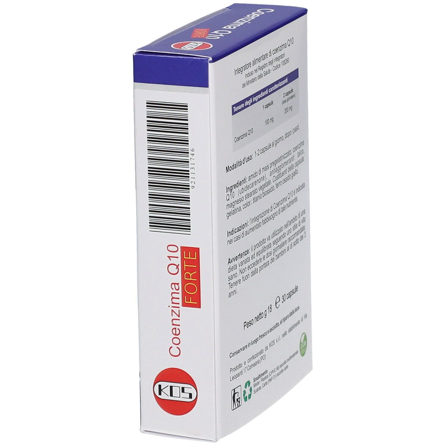 Scatola KOS Coenzima Q10 FORTE in prospettiva. Retro con testo e codice a barre. 30 capsule.