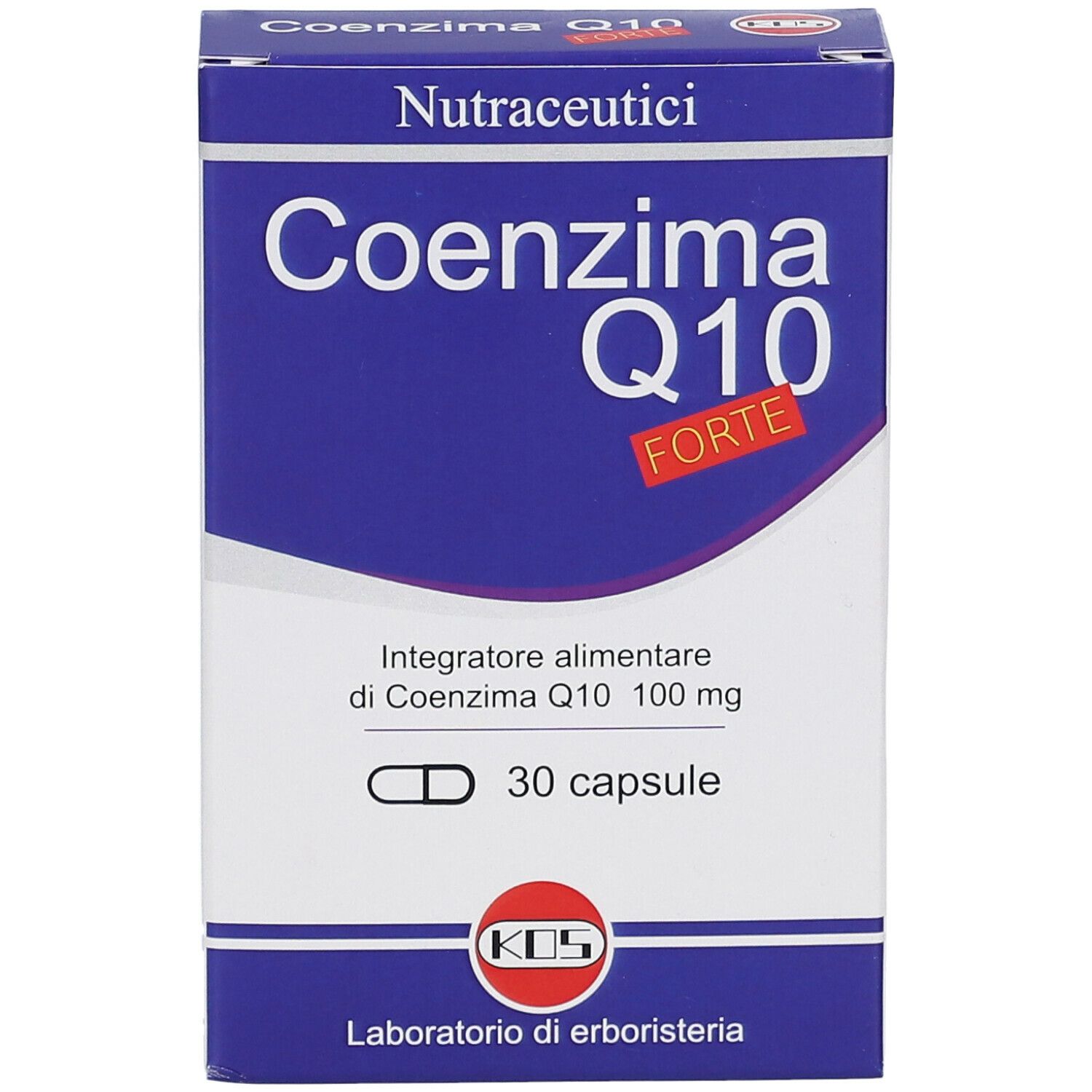 Scatola KOS Coenzima Q10 FORTE. Confezione blu e bianca con nome e logo del prodotto. 30 capsule.