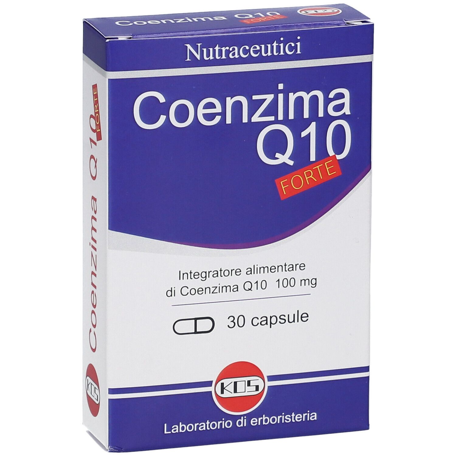 Scatola KOS Coenzima Q10 FORTE. Confezione blu e bianca con nome e logo del prodotto. 30 capsule.