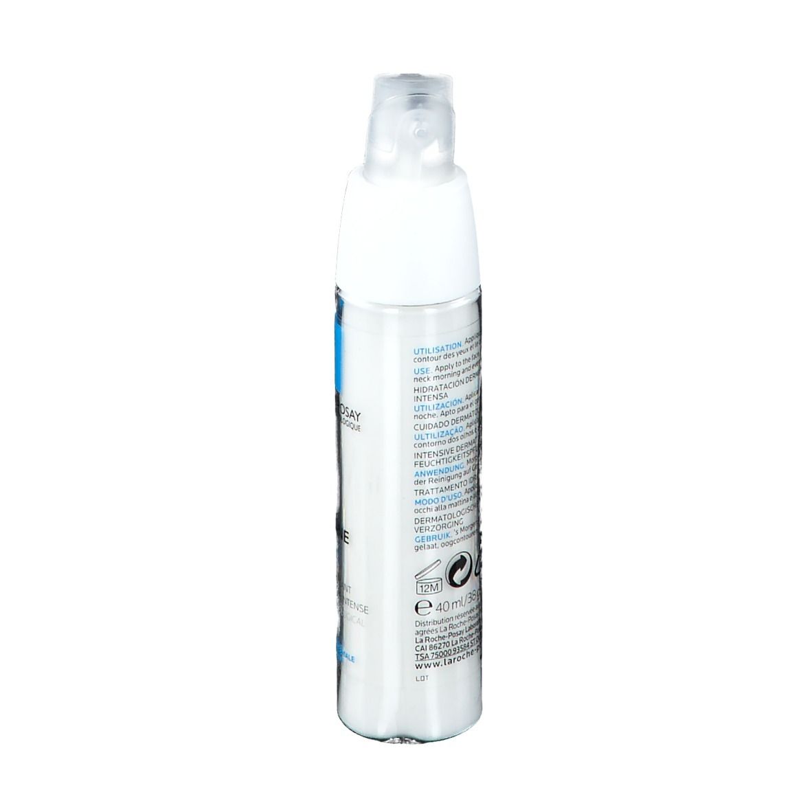 Weiße Flasche mit Dosierkopf. Blaue quadratische Markierung und Schriftzug. Produktname: Toleriane Ultra Creme.