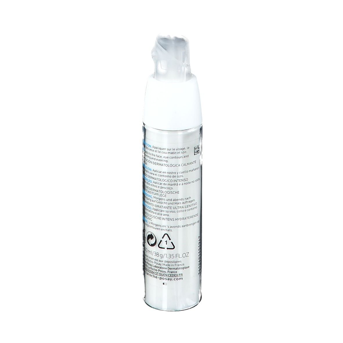 Weiße Flasche mit Dosierkopf. Blaue quadratische Markierung und Schriftzug. Produktname: Toleriane Ultra Creme.