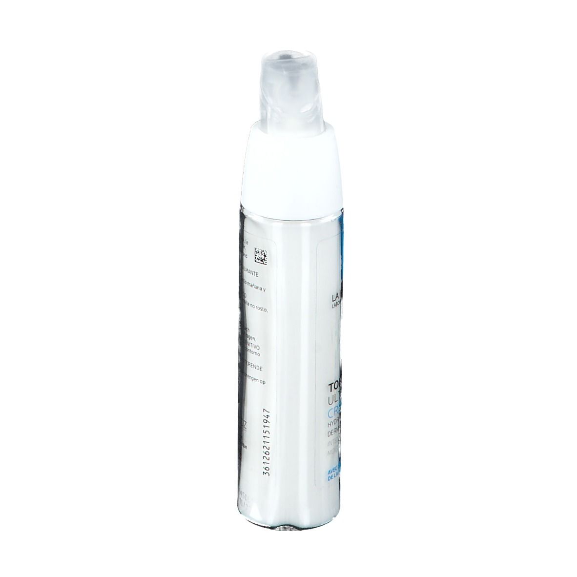 Weiße Flasche mit Dosierkopf. Blaue quadratische Markierung und Schriftzug. Produktname: Toleriane Ultra Creme.