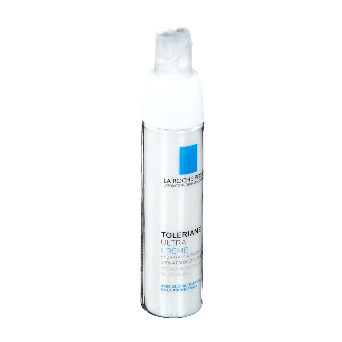 Weiße Flasche mit Dosierkopf. Blaue quadratische Markierung und Schriftzug. Produktname: Toleriane Ultra Creme.